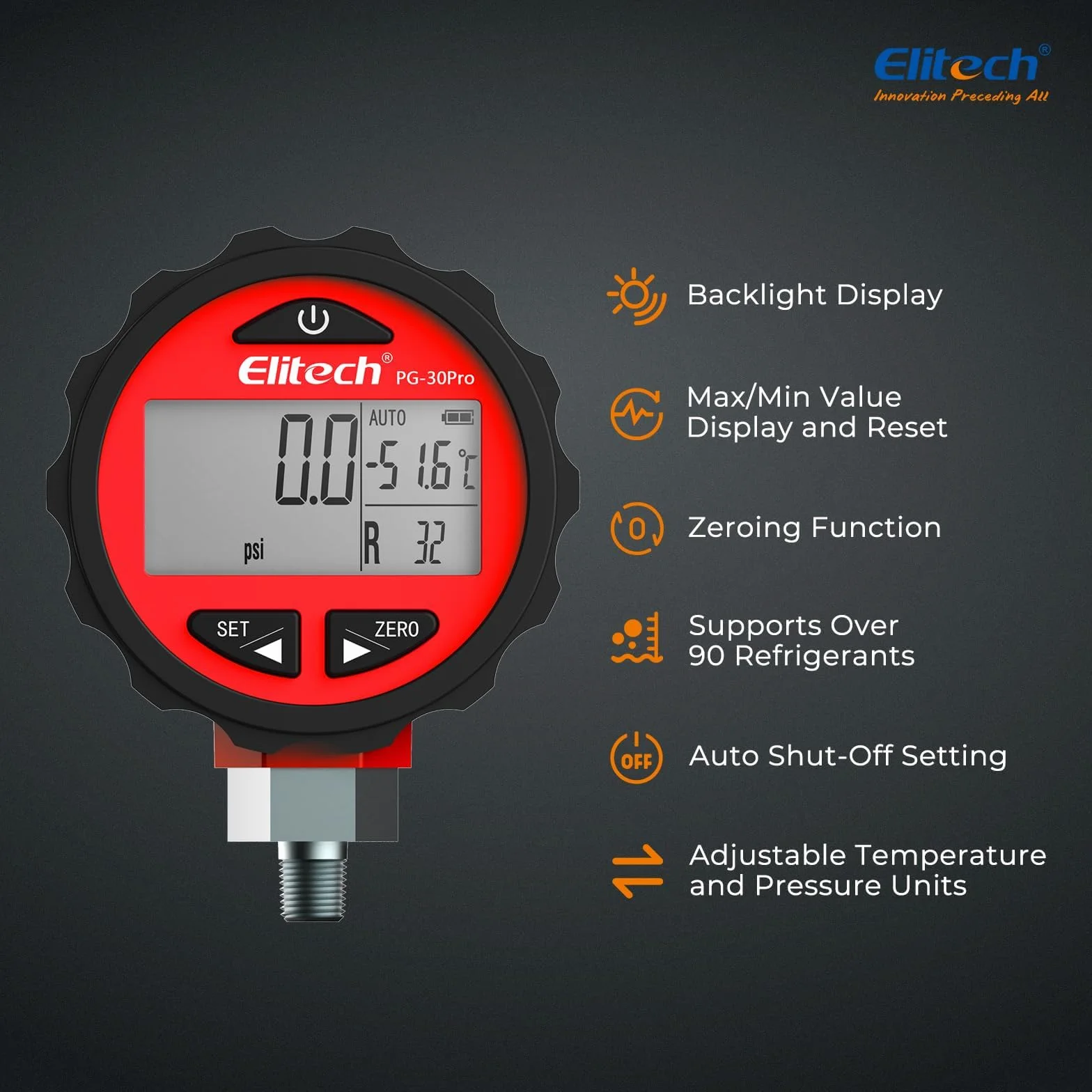 Elitech PG-30Pro Cyfrowy ciśnieniomierz do czynnika chłodniczego z podświetleniem, 87+ czynników chłodniczych, 0-500 PSI, 1/8 NPT, kompatybilny z kolektorem (czerwony)