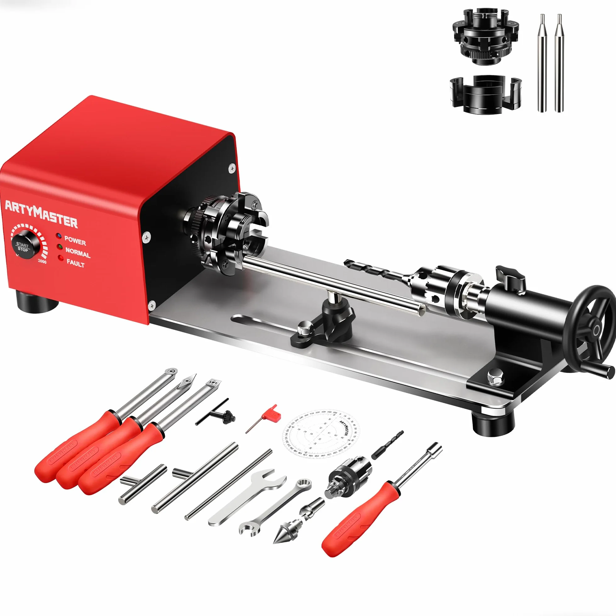 ArtyMaster Mini tokarka WM101A-Plus Mini tokarka do drewna, tokarka o mocy 24 V DC 96 W, mała tokarka stołowa z zestawami narzędzi tokarskich do drewna, bezstopniowa prędkość, profesjonalna do obróbki
