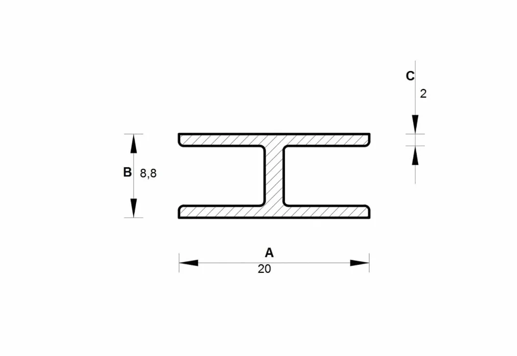 Profil H z aluminiowego profilu aluminiowego drążek H aluminium długość 200 cm (20 x 8,8 x 1,25 mm)