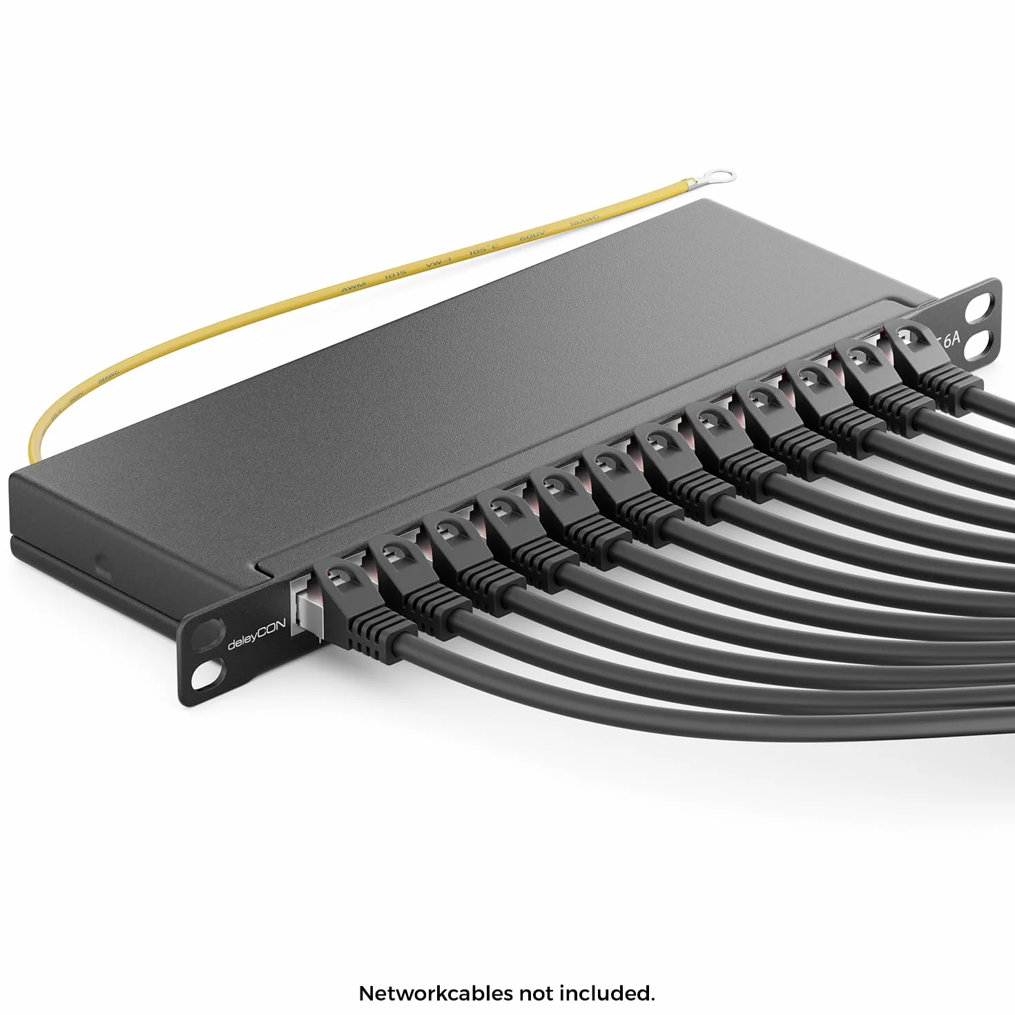 deleyCON CAT 6a 0.5U Patch Panel 12 Portów RJ45 Ekranowany RAL 9005 Czarny