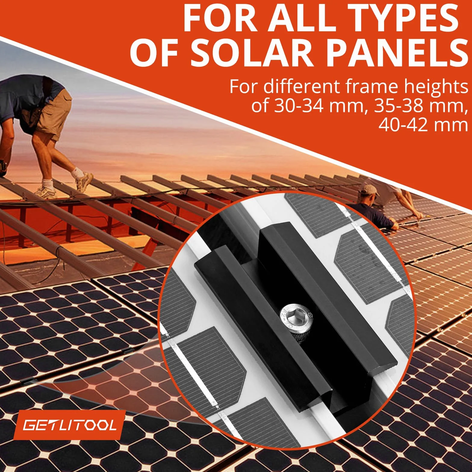 GETLITOOL Akcesoria do szyny montażowej PV, 10 szt. aluminiowy zacisk środkowy, fotowoltaiczne panele słoneczne do wysokości modułu 30-42 mm, wspornik modułów solarnych zaciski do montażu profili