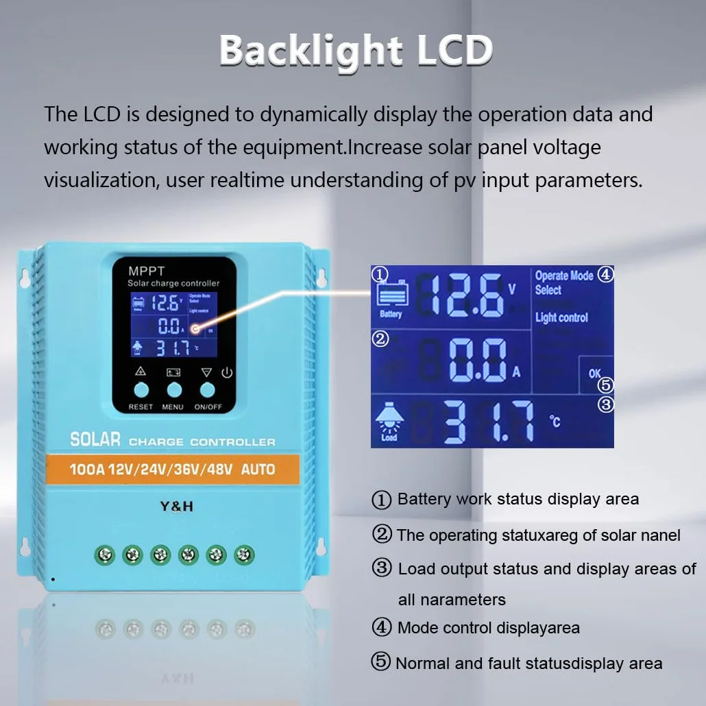 Y&H MPPT 100 A solarny regulator ładowania 12 V, 24 V, 36 V, 48 V, wyświetlacz LCD, bateria, inteligentny regulator, maks. 100 V, wejście Dual USB do kwasowo-ołowiowego/litu
