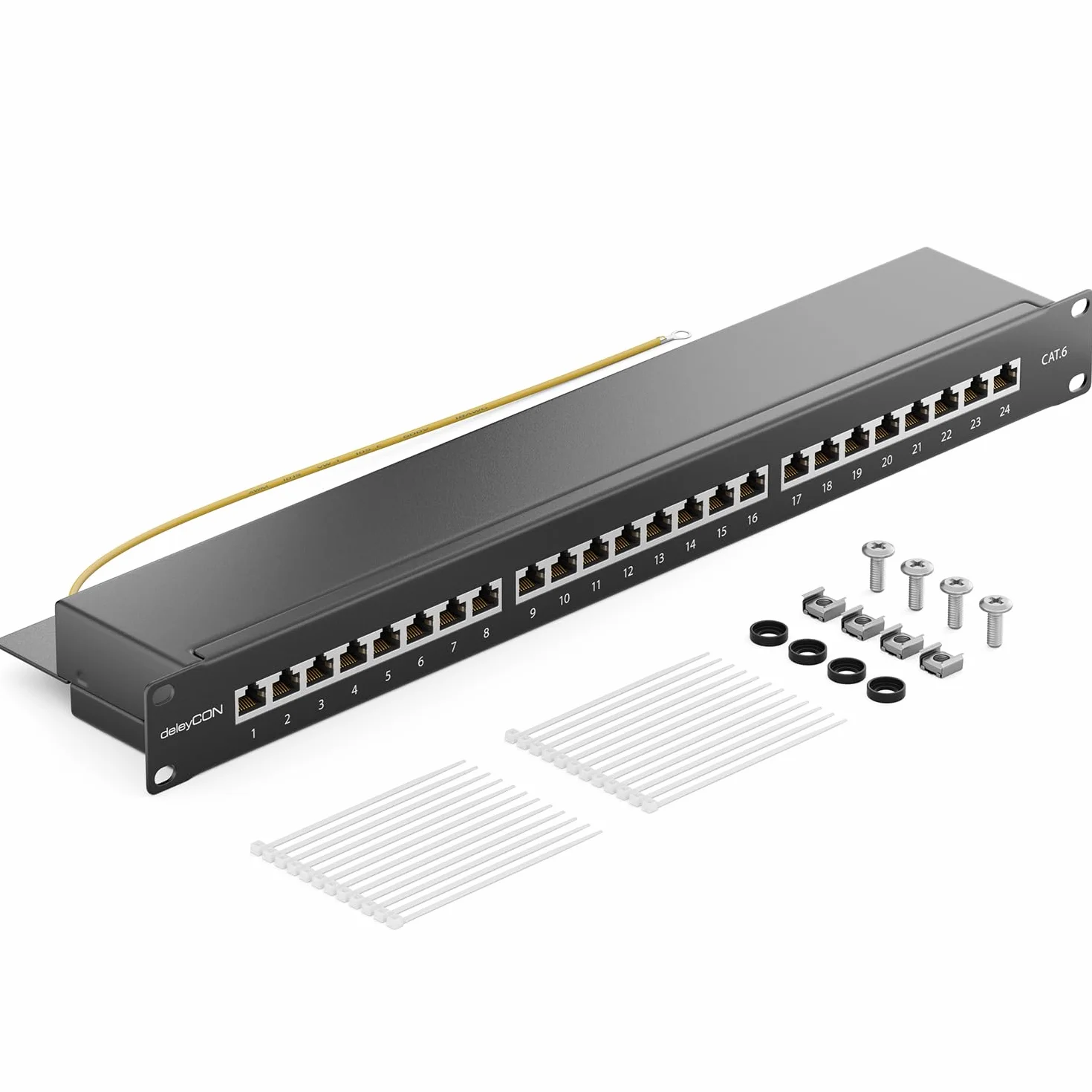 deleyCON CAT 6 Patch Panel Krosownica 24 Porty RJ45 Ekranowany Czarny 19 cal Rack Montaż