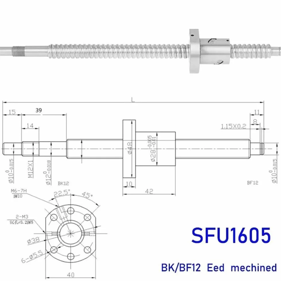 Śruba kulowa CNC C5 1605 kołnierz pojedyncza nakrętka BK/BF12 RM1605 SFU1605 350 mm