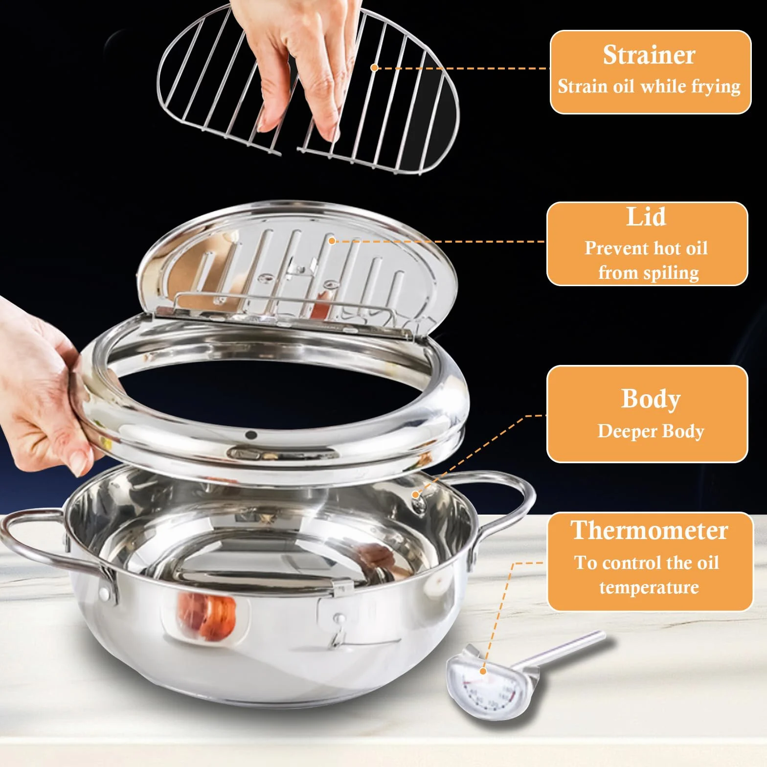 Qivine Mini Garnek do głębokiego smażenia ze stali nierdzewnej, garnek do smażenia z pokrywką i kontrolą temperatury, mini głęboka frytownica do tłuszczu kompatybilna z kuchenką gazową, indukcyjną do