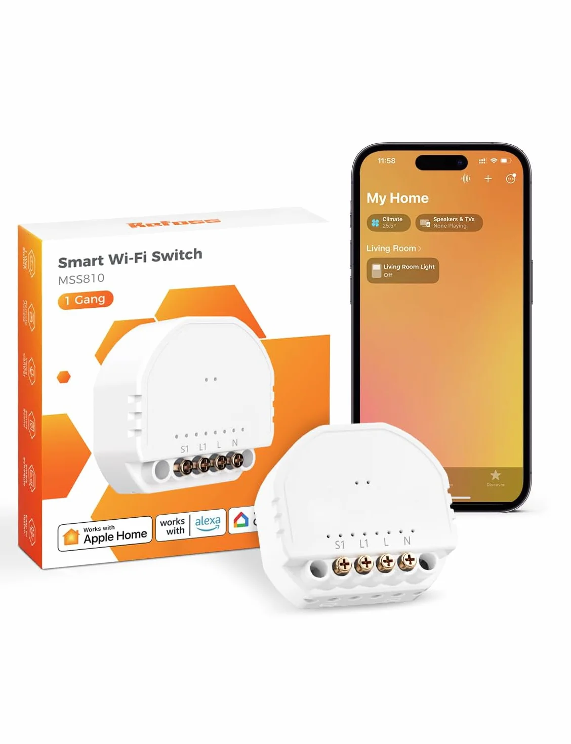 Inteligentny mini przekaźnik Wi-Fi, 1-drożny, 1-biegowy włącznik światła, kompatybilny z Apple HomeKit, Alexa i Google Home, 2,4 GHz, 250 V 10 A, 1 sztuka (wymagany przewód neutralny)