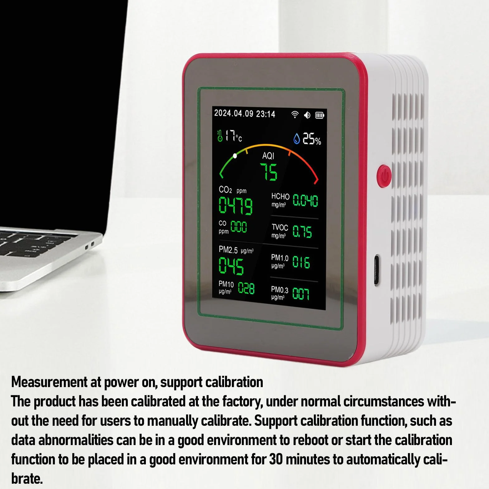 Monitor Jakości Powietrza Wi-Fi 15W, Przenośny Detektor CO2 TVOC HCHO PM2.5, Wilgotność Temperatura, Wyświetlacz LCD 2,8 cala (czarny + czerwony)