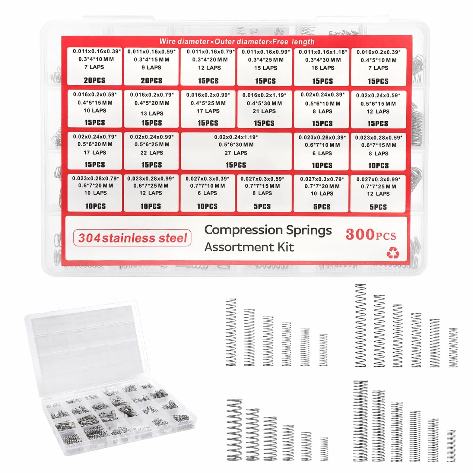 Sprężyna kompresyjna, zestaw sprężyn 300 elementów, sprężyna ze stali nierdzewnej 304, sprężyny metalowe, 23 rozmiary, organizer do majsterkowania, do naprawy warsztatu, garażu, elektroniki