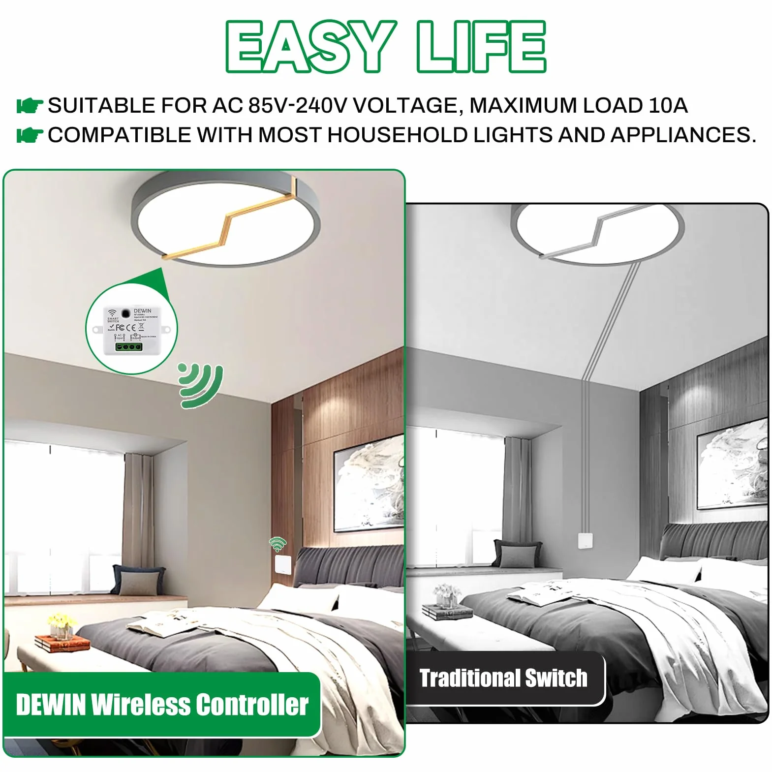 DEWIN Przełącznik radiowy, Smart Switch, zestaw z pilotem zdalnego sterowania 433 MHz, bezprzewodowy kontroler AC 85-240 V, 10 A, mini moduł przekaźnika