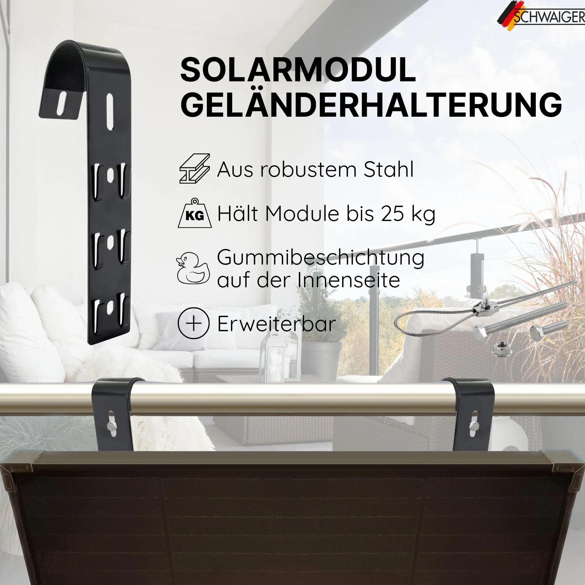 SCHWAIGER SOGM0100 uchwyt do modułu solarnego, zestaw 4 szt., uchwyt na balustradę na panel słoneczny, montaż na balkonie, montaż na balustradzie, montaż na balkonie, instalacja solarna, montaż dwóch