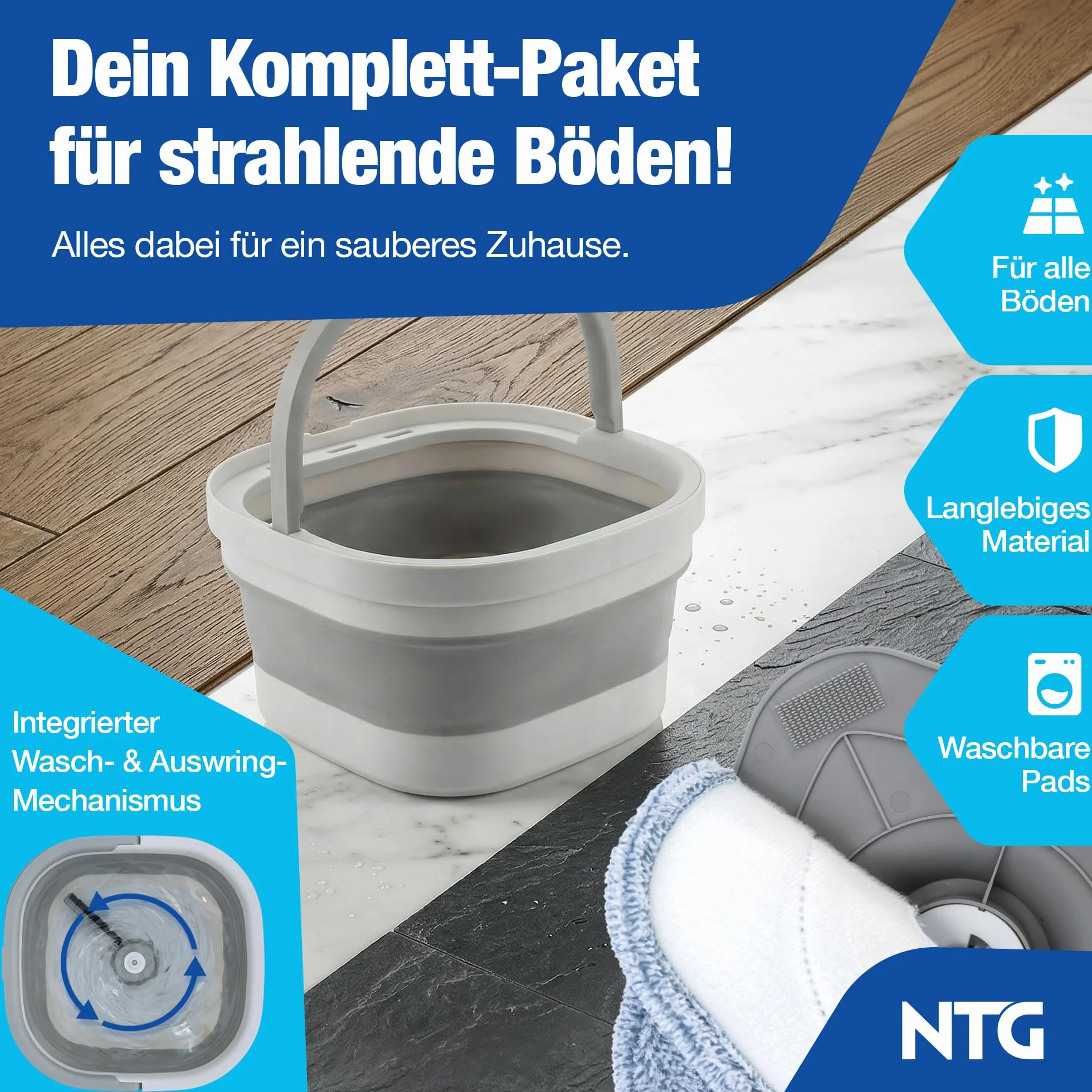 NTG Zestaw mopa z elastycznym wiadrem i drążkiem teleskopowym system 2-komorowy z technologią wirowania