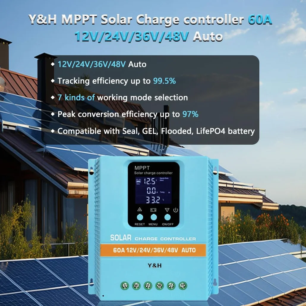 Y&H MPPT 60 A solarny regulator ładowania 12V 24V 36V 48V LCD Dual USB kwasowo-ołowiowy lit