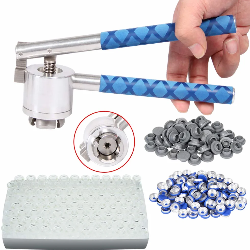 Zaciskarka do fiolek 20 mm + 100 szklanych fiolek (10 ml) + 100 gumowych korków + 100 plastikowych aluminiowych nasadek
