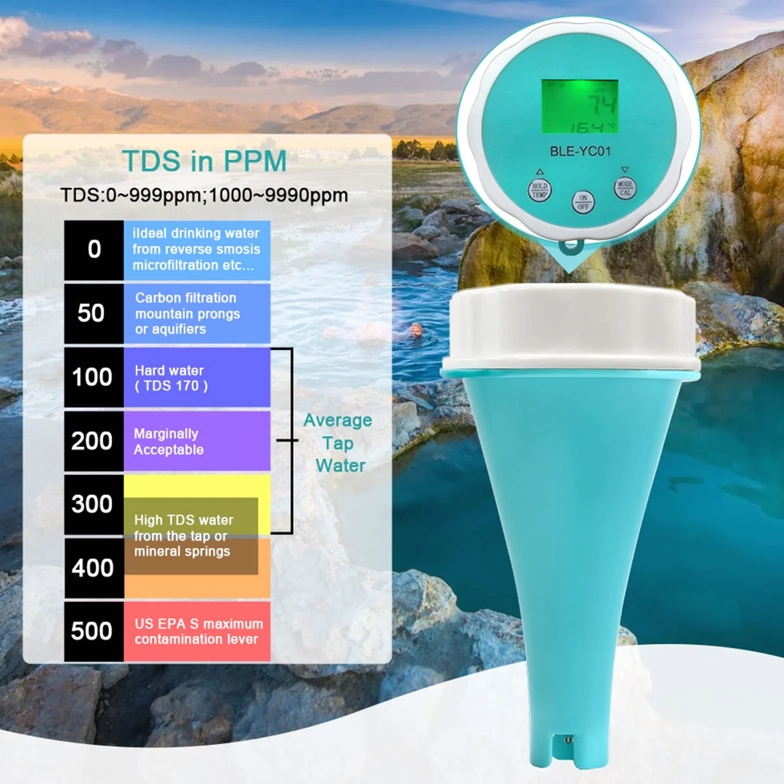 Miernik do Testowania Wody, 6 w 1 PH EC TDS ORP CL TEMP Cyfrowy Tester Wody, Wysoka Dokładność Tester Jakości Wody Bluetooth do Basenu, Hydroponiki, Wody Pitnej, Akwariów