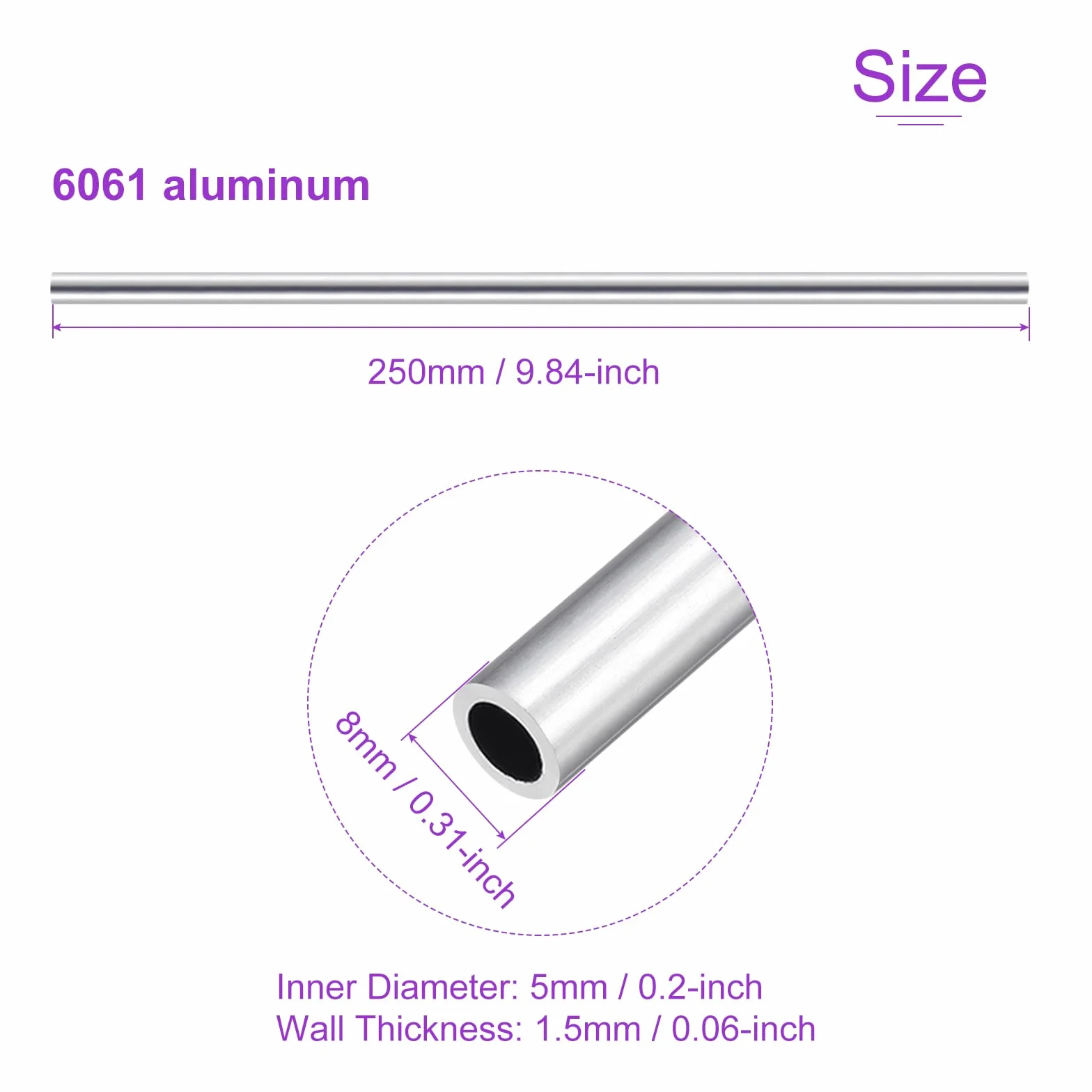 DMiotech 3-pak (8 mm średnica zewnętrzna x 5 mm ID) 6063 aluminiowa okrągła rura o długości 250 mm przemysłowe metalowe rury do budowy ram maszyn projekty DIY