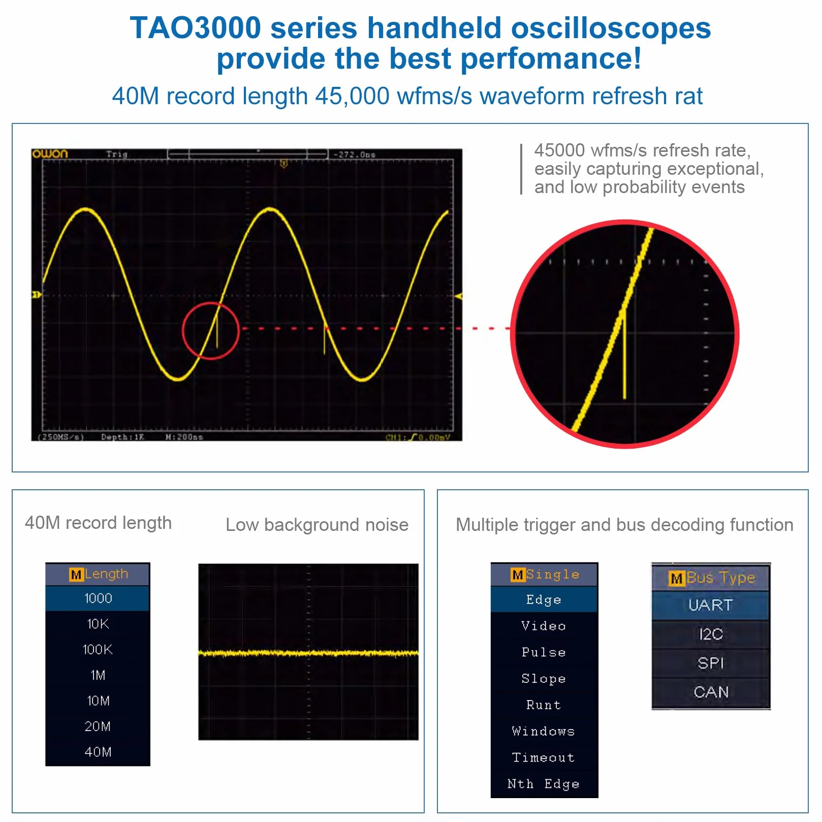 OWON TAO3104 4-kanałowy 8-calowy ręczny oscyloskop cyfrowy o szerokości pasma 100 MHz i częstotliwości próbkowania 1GS/s, 8-bitowy o wysokiej rozdzielczości