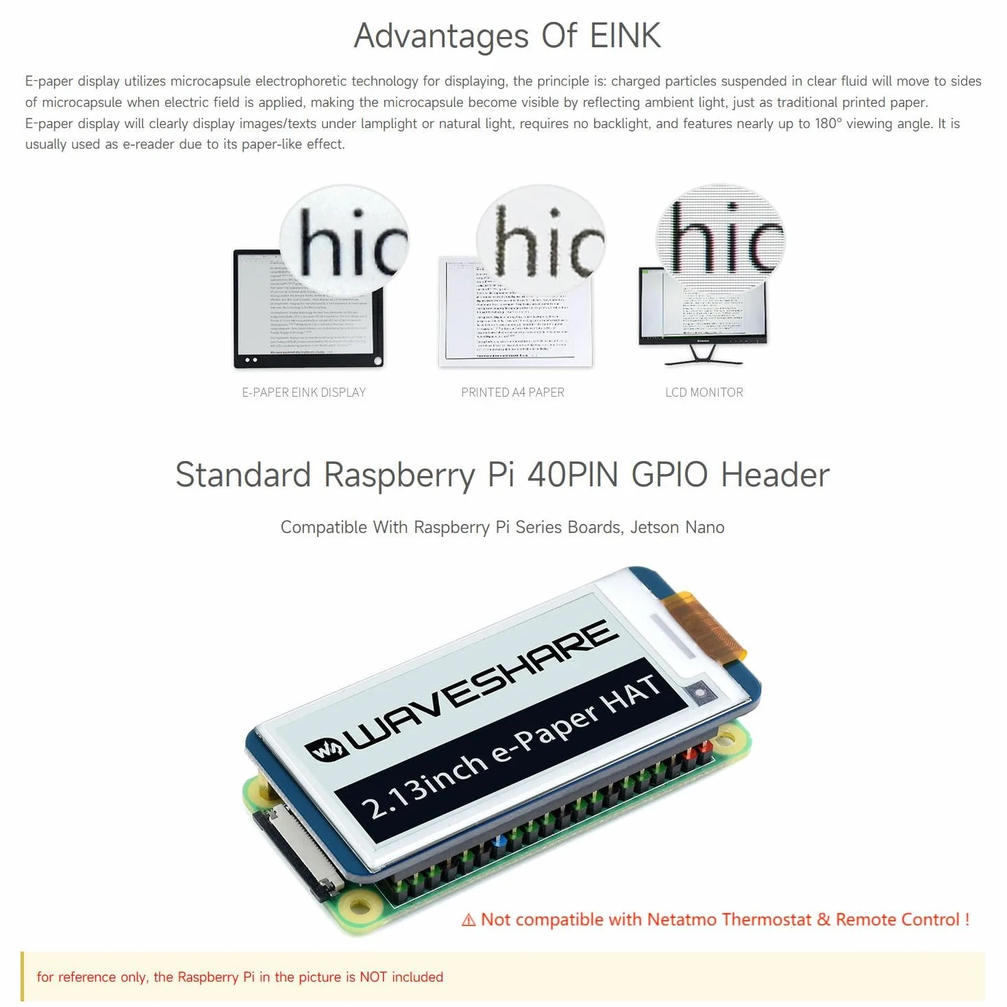 Waveshare 2.13inch e-Paper Display HAT 250x122 Resolution SPI E-Ink Screen Module for Raspberry Pi Zero