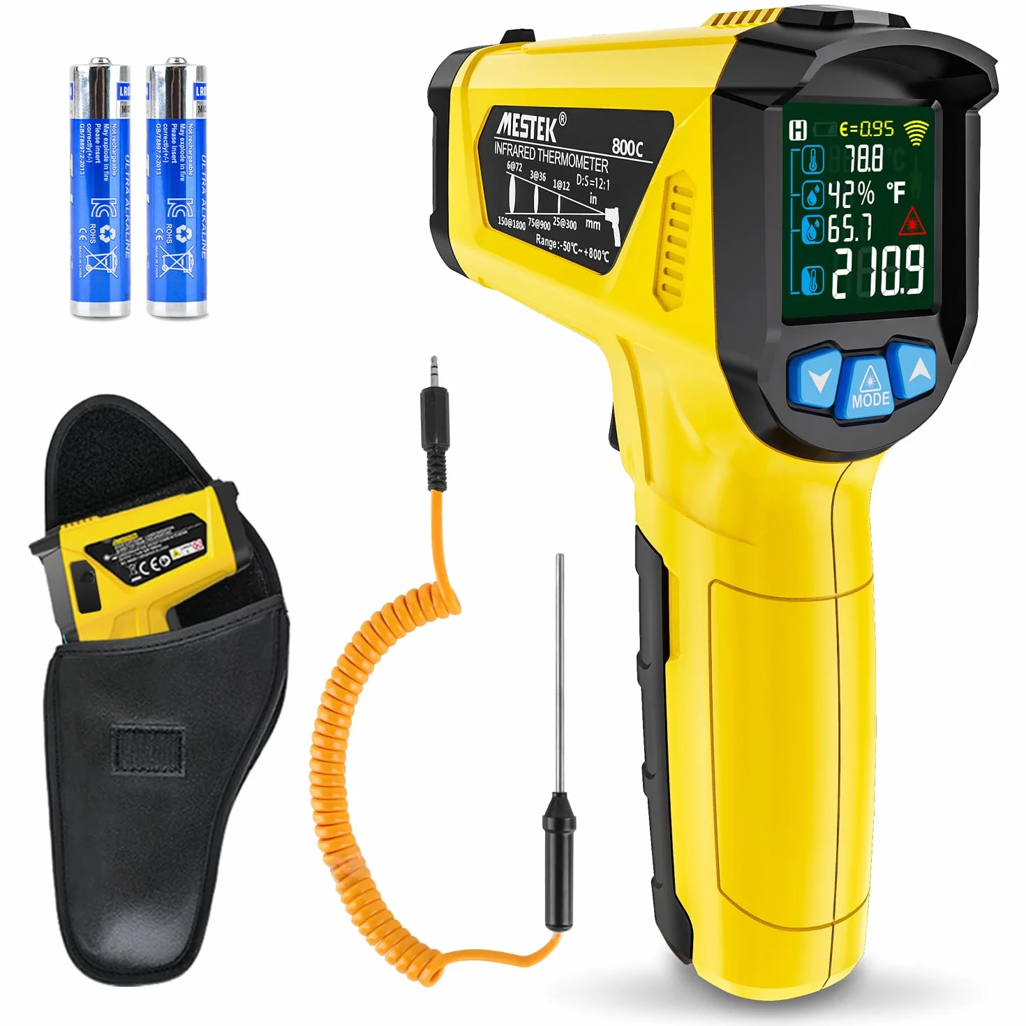 MESTEK Termometr na Podczerwień Pistolet Cyfrowy Laserowy 50℃~800℃ z K-Sondą