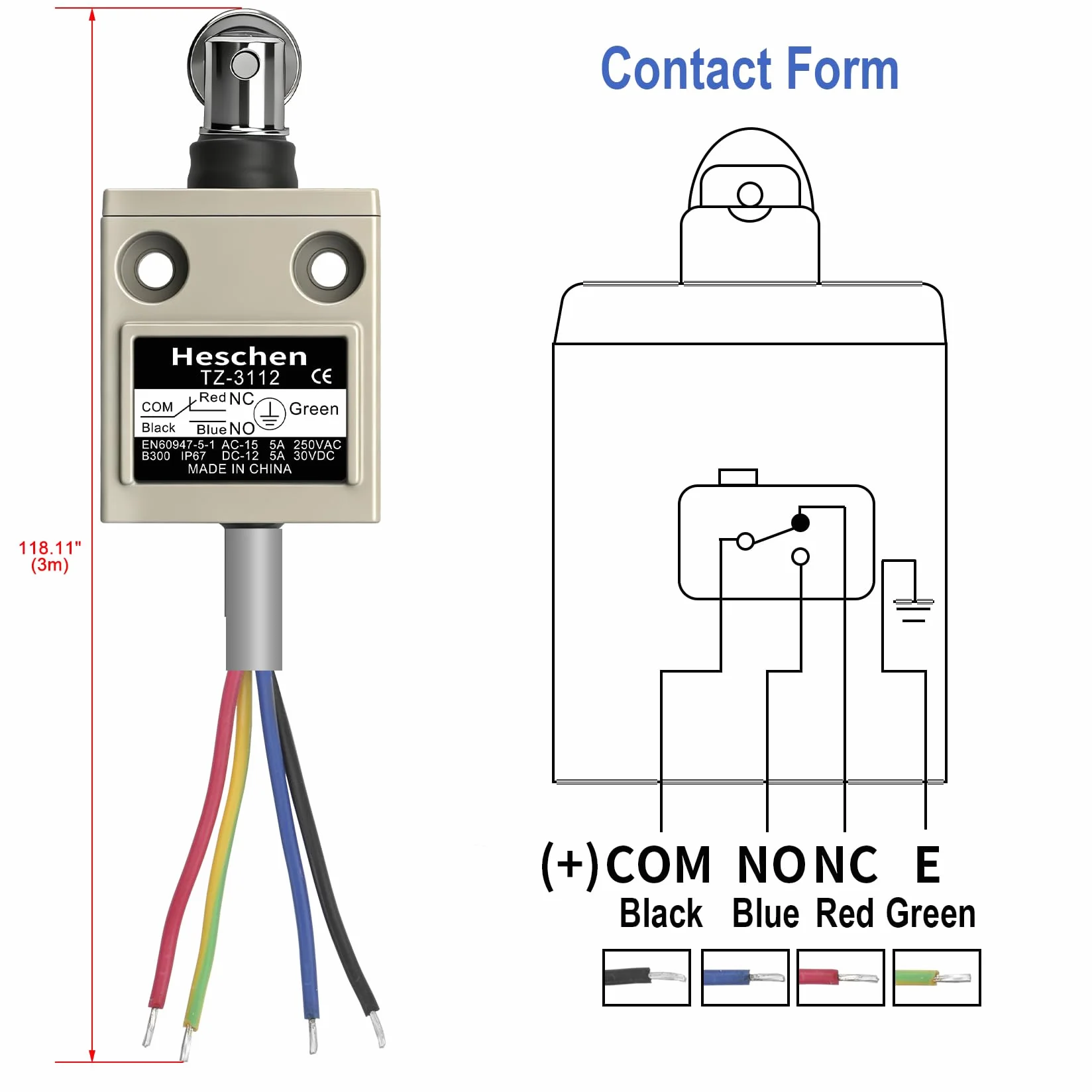 Heschen TZ-3112 wyłącznik krańcowy SPDT NO+NC AC 250V 5A IP67 wodoszczelny