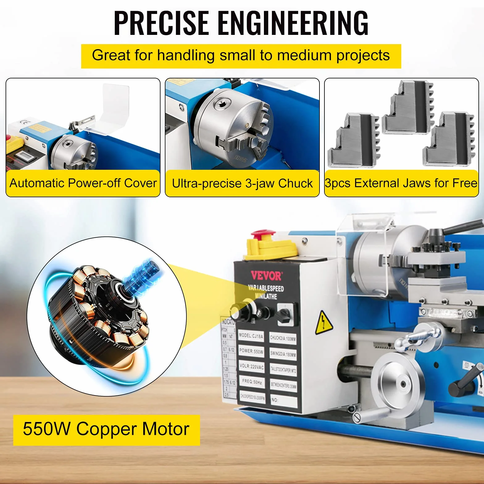 VEVOR Mini metalowa tokarka stołowa, moc 550 W, 220 V, jednofazowy prąd ciągły, prędkość 50-2500 obr./min, profesjonalna tokarka do drewna o zmiennej prędkości do toczenia, wiercenia i gwintowania