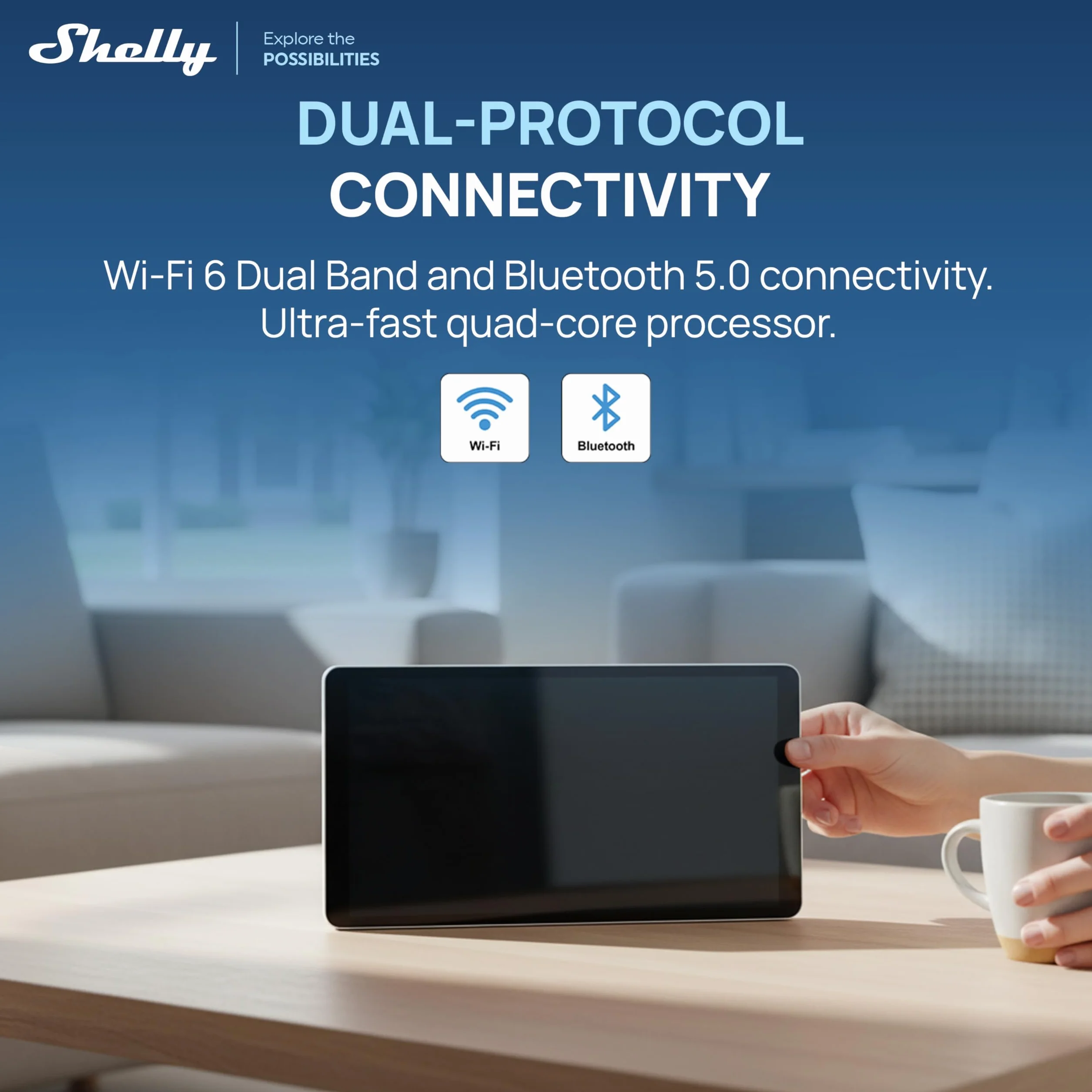 Shelly Wyświetlacz ścienny X2i srebrny - inteligentny panel sterowania WiFi, termostat, wbudowany przekaźnik 5A, wymaga neutralnego, czujnika jasności i zbliżeniowości (LUX), głośników stereo, Alexa i