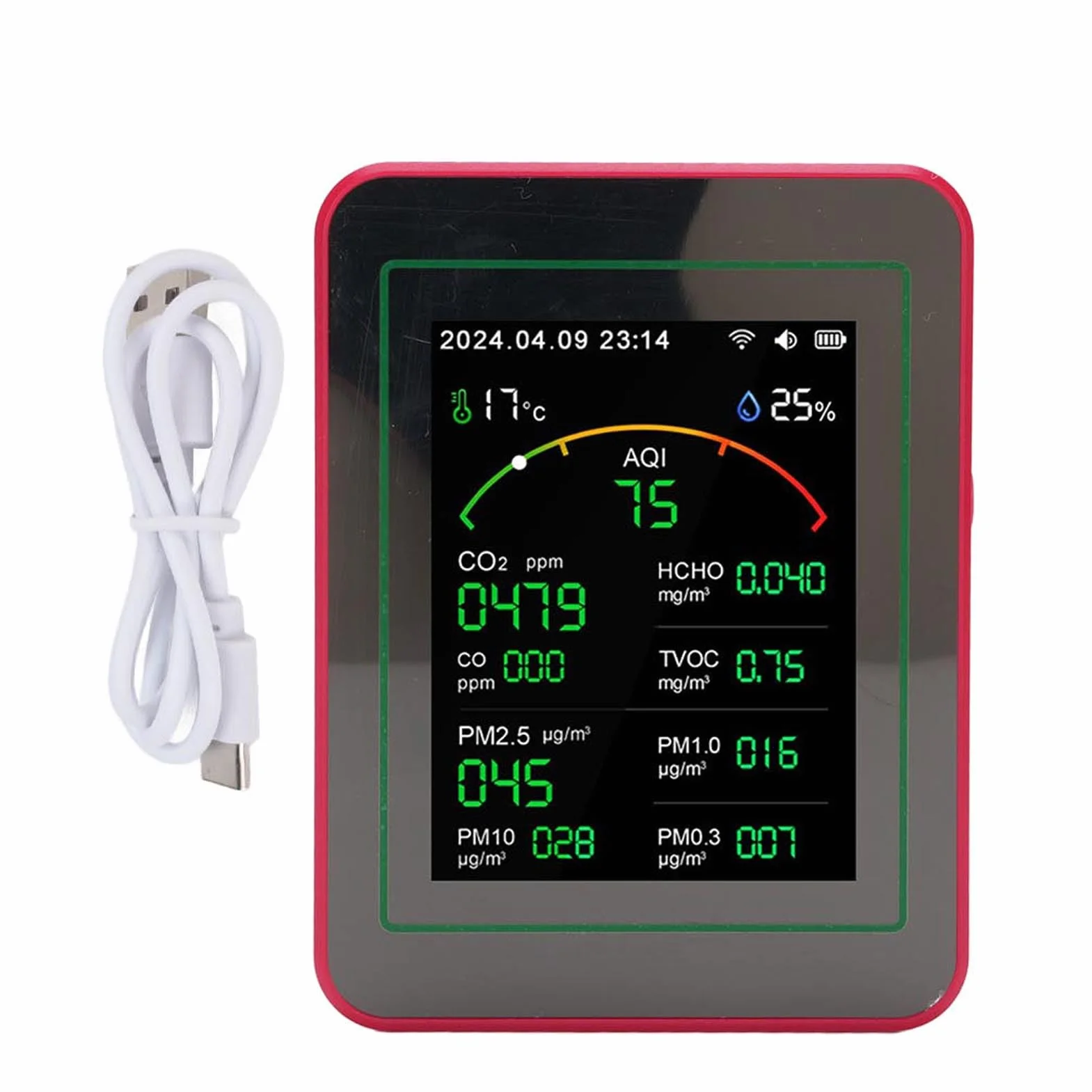 Monitor Jakości Powietrza Wi-Fi 15W, Przenośny Detektor CO2 TVOC HCHO PM2.5, Wilgotność Temperatura, Wyświetlacz LCD 2,8 cala (czarny + czerwony)