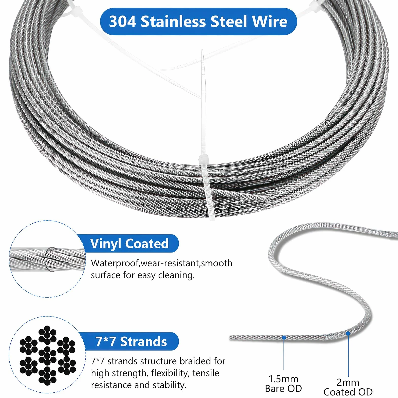 Zestaw drutów ze stali nierdzewnej 15 m / 2 mm, wytrzymały drut ogrodowy do roślin pnących, metalowy kabel z napinaczem obrotowym, klipsy, do ogrodzenia ogrodowego, oświetlenie wiszące