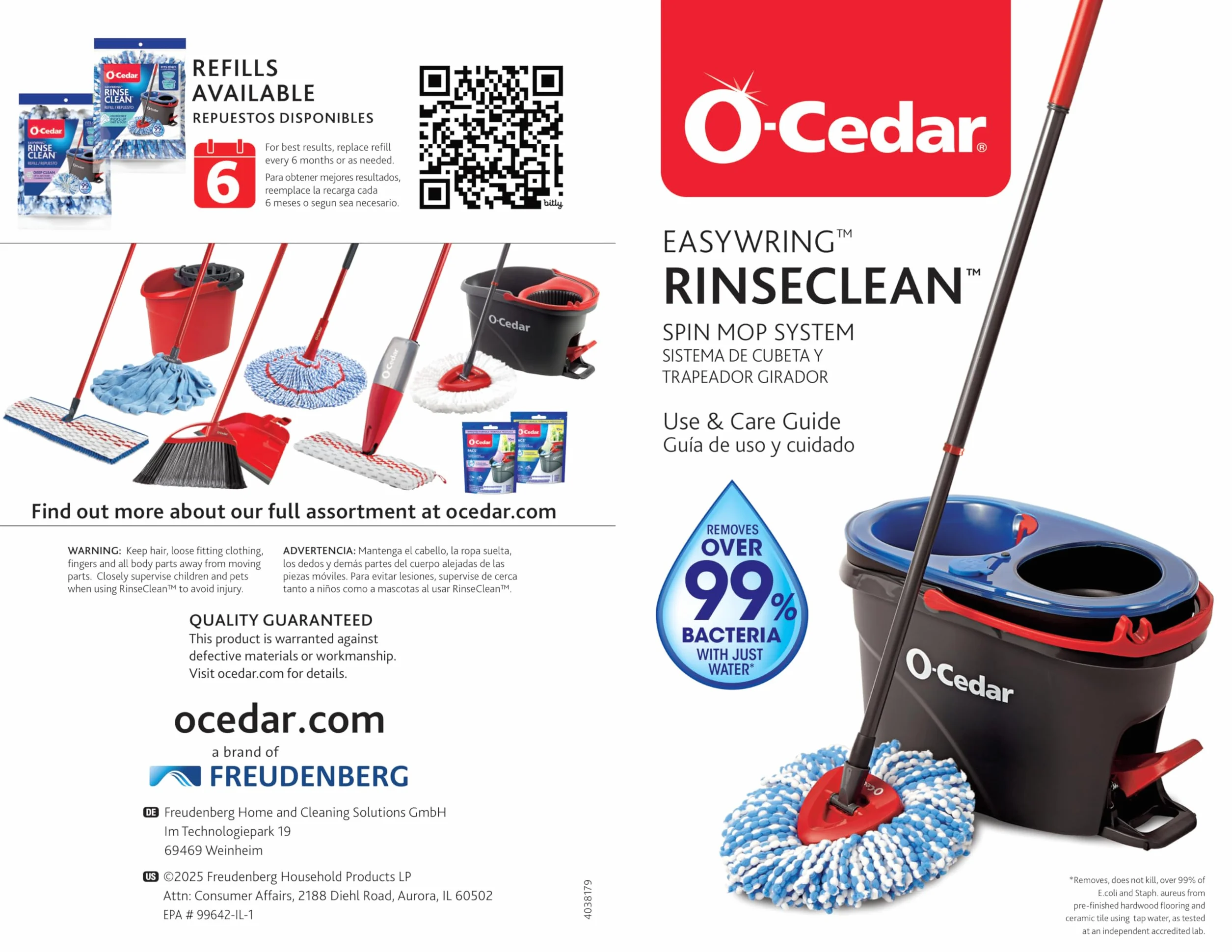 O-Cedar RinseClean Spin Mop & Bucket System + 1 dodatkowa głowica mopa | Czyść czystą wodą | Usuwa 99% bakterii