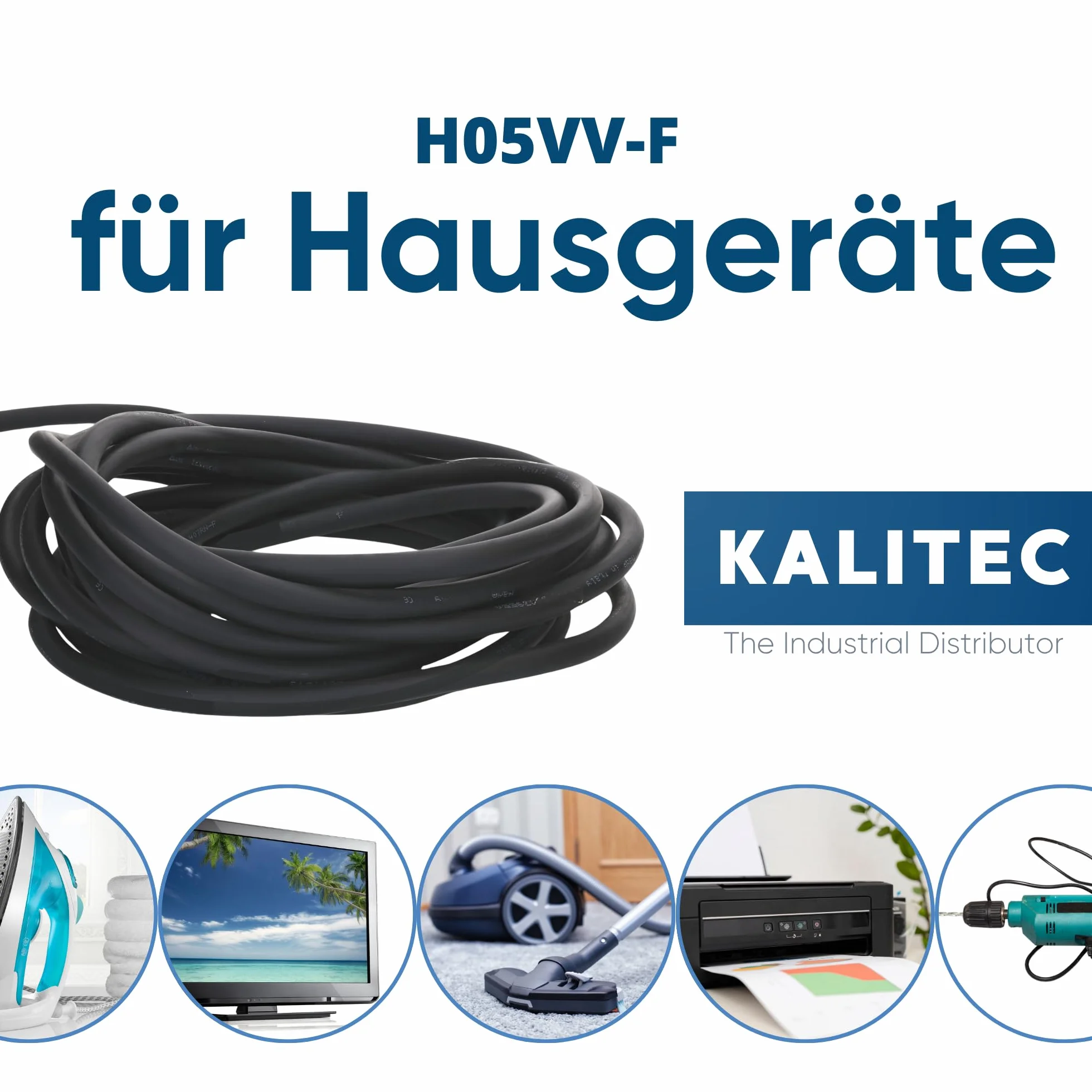 Kalitec H05VV-F wąż ogrodowy, 5 m, 4 x 1 mm², kabel zasilający 4G1 mm2 z przewodem ochronnym, kabel PCW do wnętrz, kabel elektryczny, czarny, elastyczny kabel do lamp, 4-żyłowy