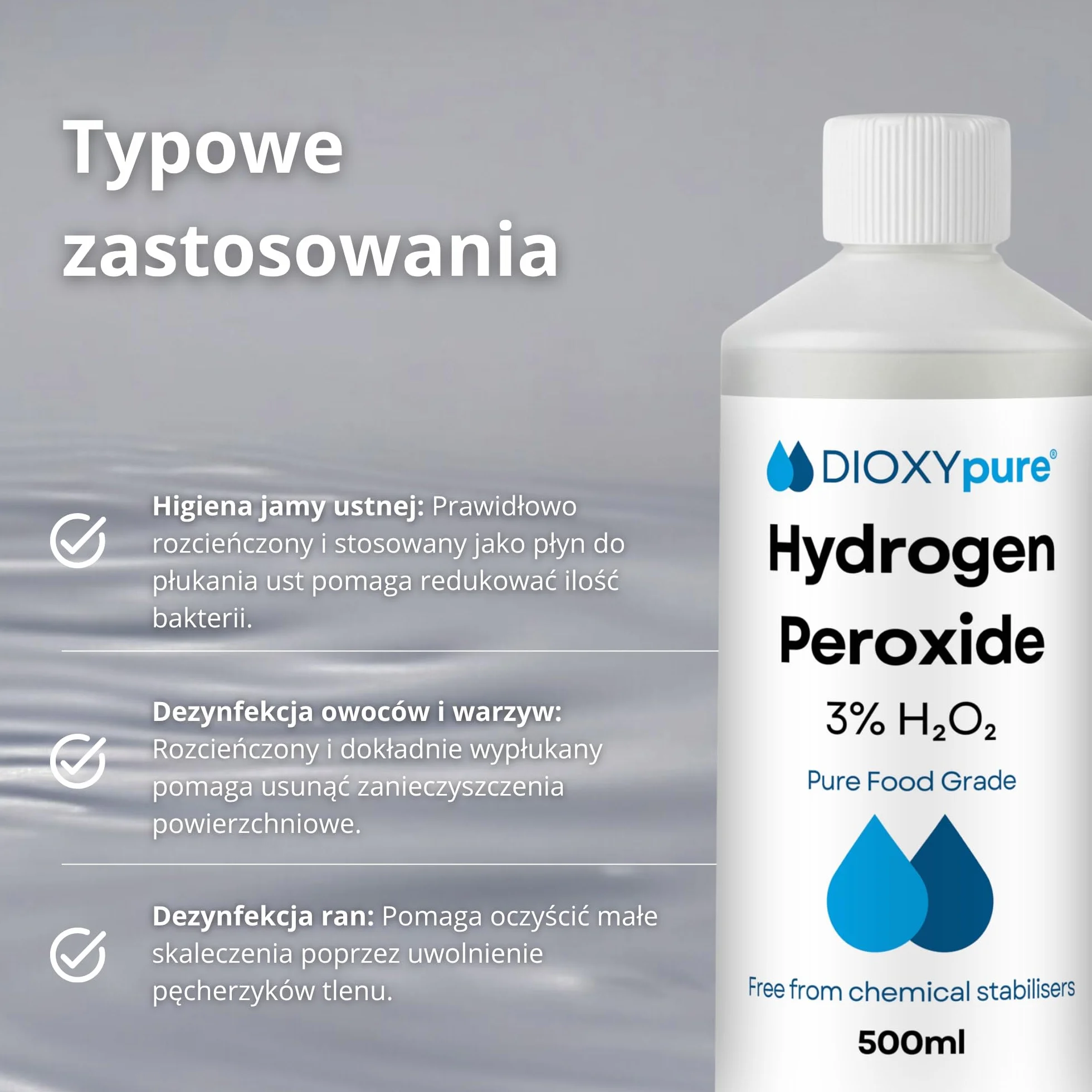 Nadtlenek wodoru spożywczy 3% - 500 ml - H2O2 - nadtlenek wodoru - bez stabilizatorów i dodatków - Wielofunkcyjny naturalny środek czyszczący - Nakrętka zabezpieczająca dla dzieci