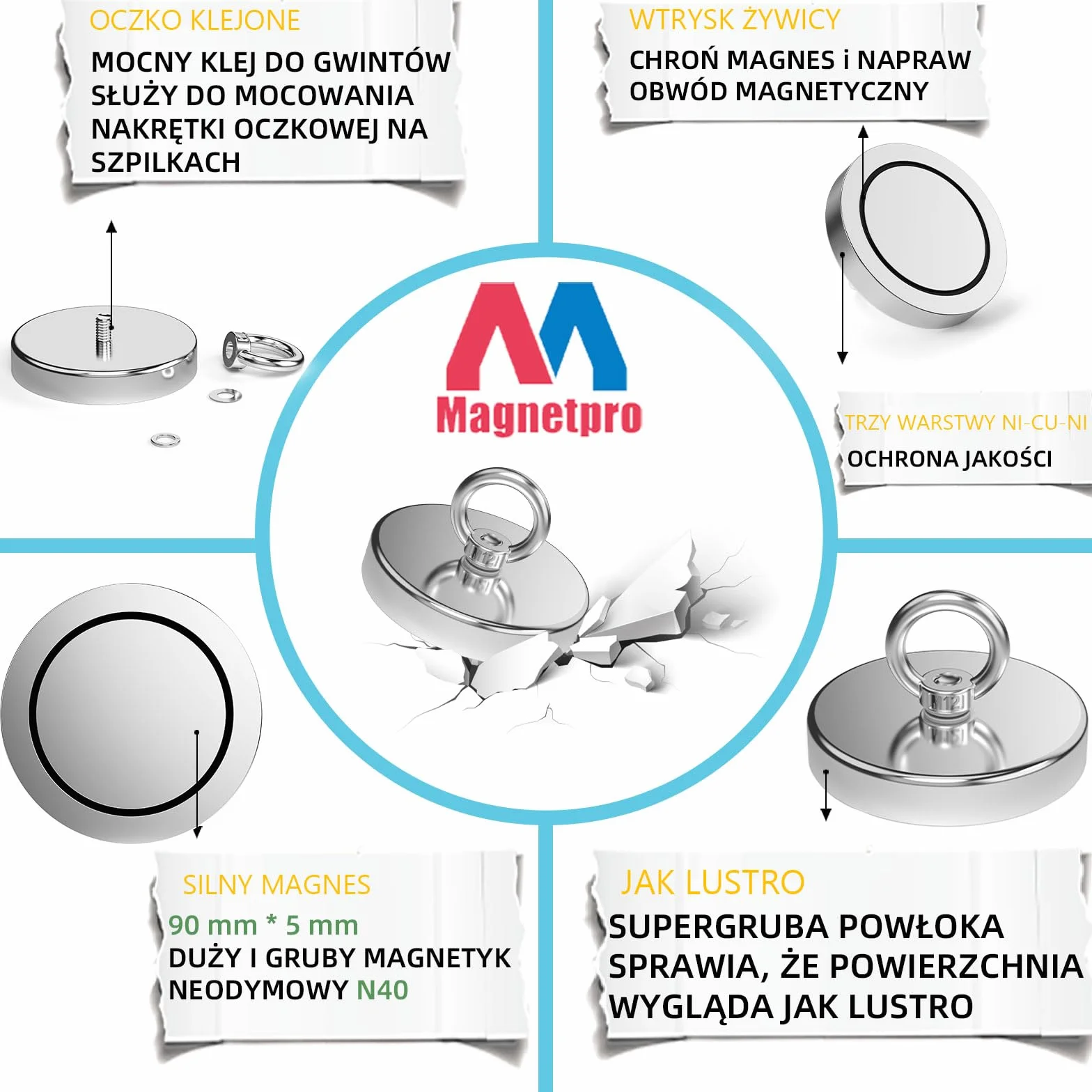 Magnetpro Mocny neodymowy magnes wędkarski 770 kg średnica 12 cm