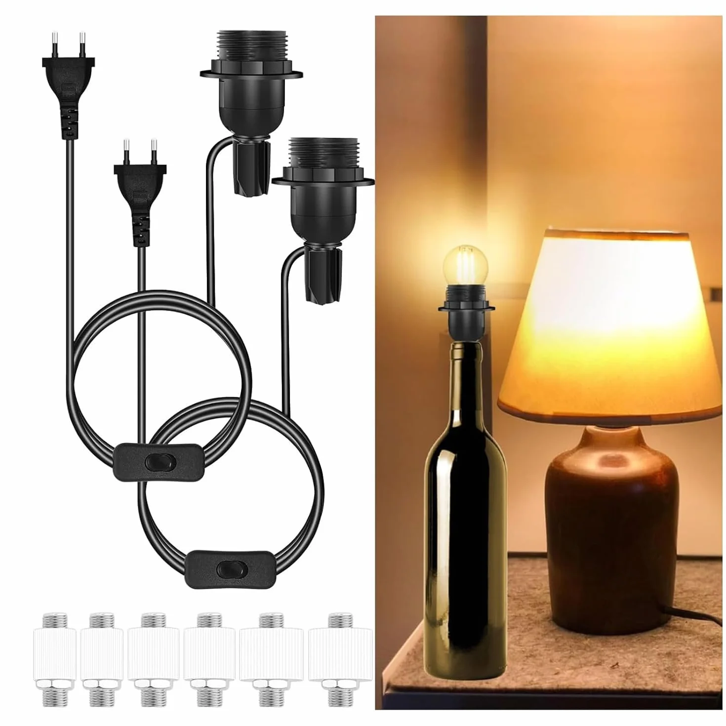 2 szt. oprawki do butelek E27, oprawka z przełącznikiem i kablem 1,8 m do butelek, maks. 60 W, zestaw DIY lamp butelkowych, oprawka E27 adapter do butelek do kreatywnych lamp stołowych, czarny
