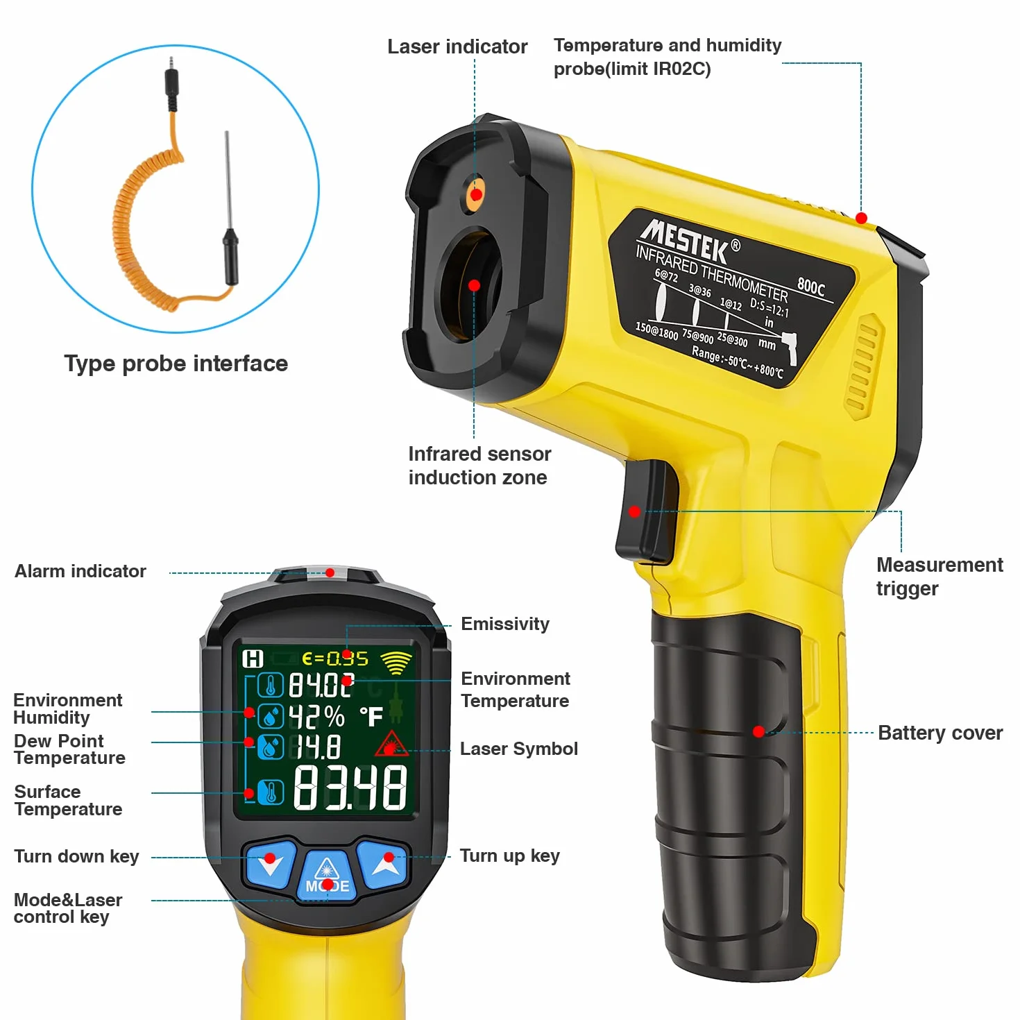 MESTEK Termometr na Podczerwień Pistolet Cyfrowy Laserowy 50℃~800℃ z K-Sondą