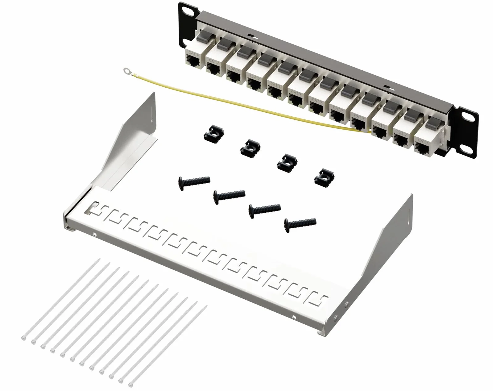 FGB 10 Gbps 1U 12 portów, panel krosowy Cat7, montowany w stelażu, panel krosowy RJ45, ekranowany łącznik Keystone z listwą tylną, okablowanie 1U Inline Keystone, do przełączników sieciowych Gigabit