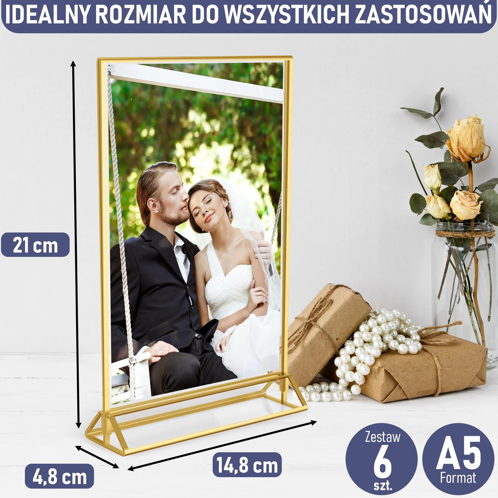 Dwustronne Złote Ramki, Zestaw 6 Szt. A5, Akrylowe Uchwyty Na Numery Stolików, Przezroczyste Stojaki Na Tabliczki, Złote Ramki Na Numery Stolików Weselnych, Uchwyty Na Menu I Zdjęć Na Wydarzenia