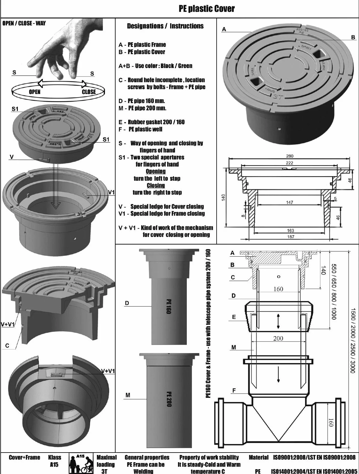 Varile Adapter pokrywy włazu DN160-DN200, czarna nasadka rury, obciążenie 3 tony