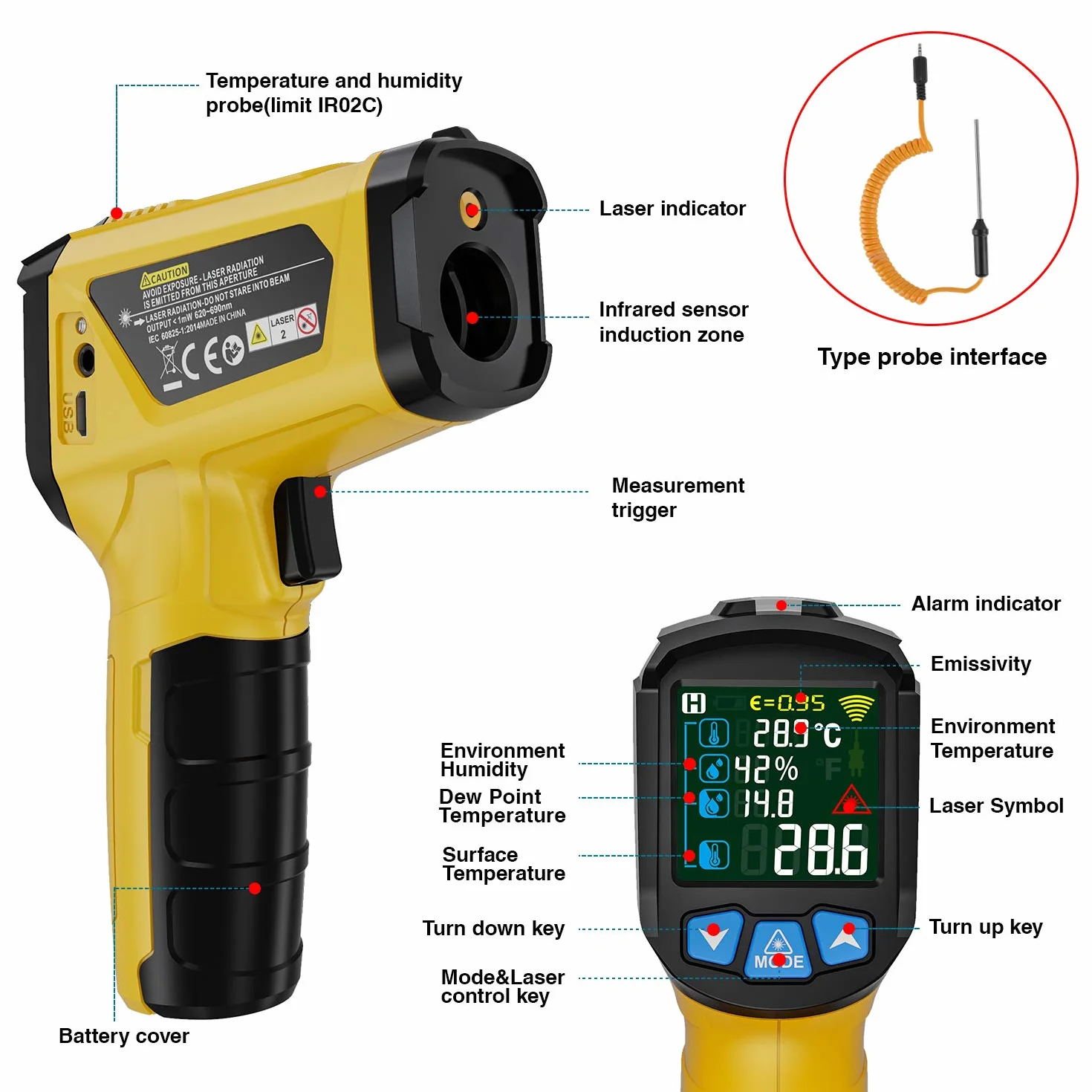 MESTEK Termometr na Podczerwień Pistolet Cyfrowy Laserowy 50℃~800℃ z K-Sondą Bezdotykowy LCD