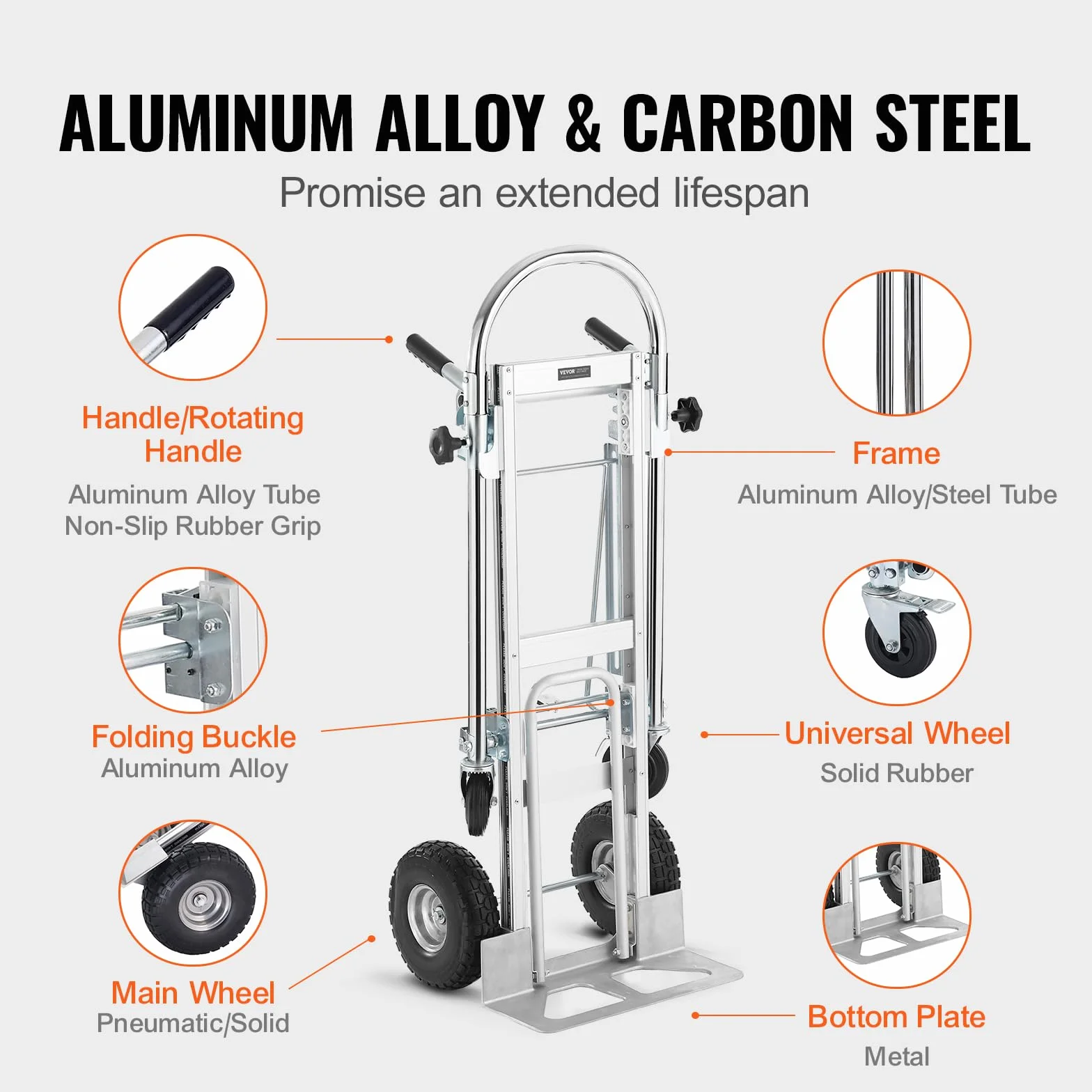 VEVOR Aluminiowy składany wózek transportowy 4 w 1 454 kg koła guma PU