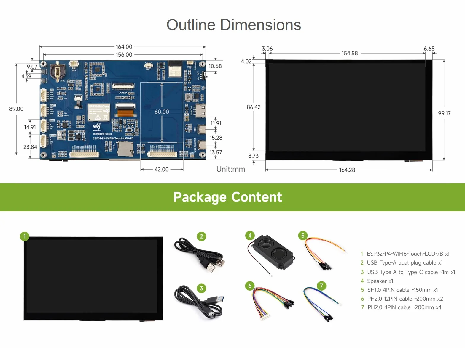 ESP32-P4-WIFI6 Dev Board 7-calowy ekran dotykowy IPS 1024x600 RS485 CAN I2C UART
