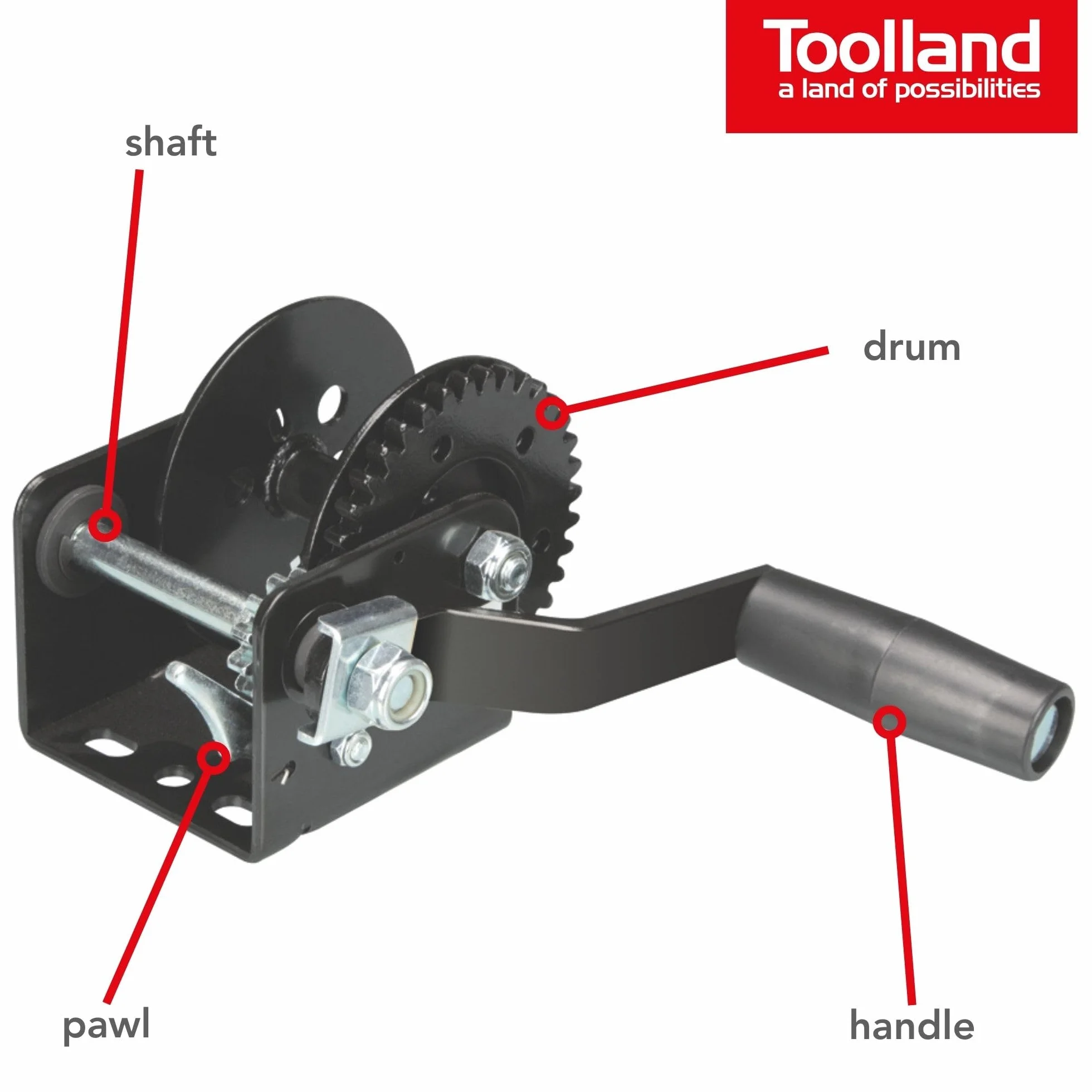 Toolland Wyciąg ręczny 250 kg ze stali nierdzewnej z zapadką i liną, przełożenie 3.1:1, czarny wyciąg przyczepowy z ergonomiczną korbą, idealny do łodzi, przyczepy i podnoszenia