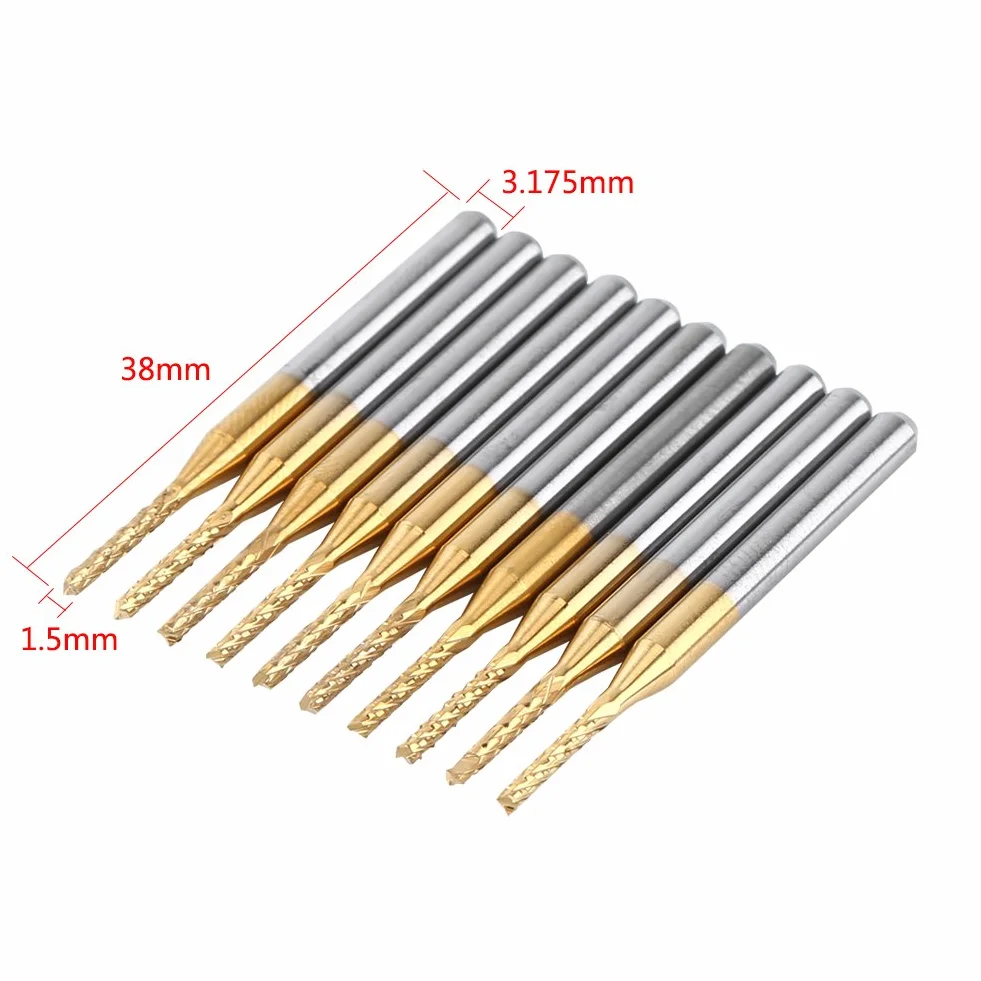 Frez trzpieniowy 1/8" z twardego metalu, 10 sztuk, 1,5 mm, frezy do grawerowania, frezy powlekane wolframem, narzędzie tokarskie do formowania PCB, włókna węglowego, cięcia twardego drewna