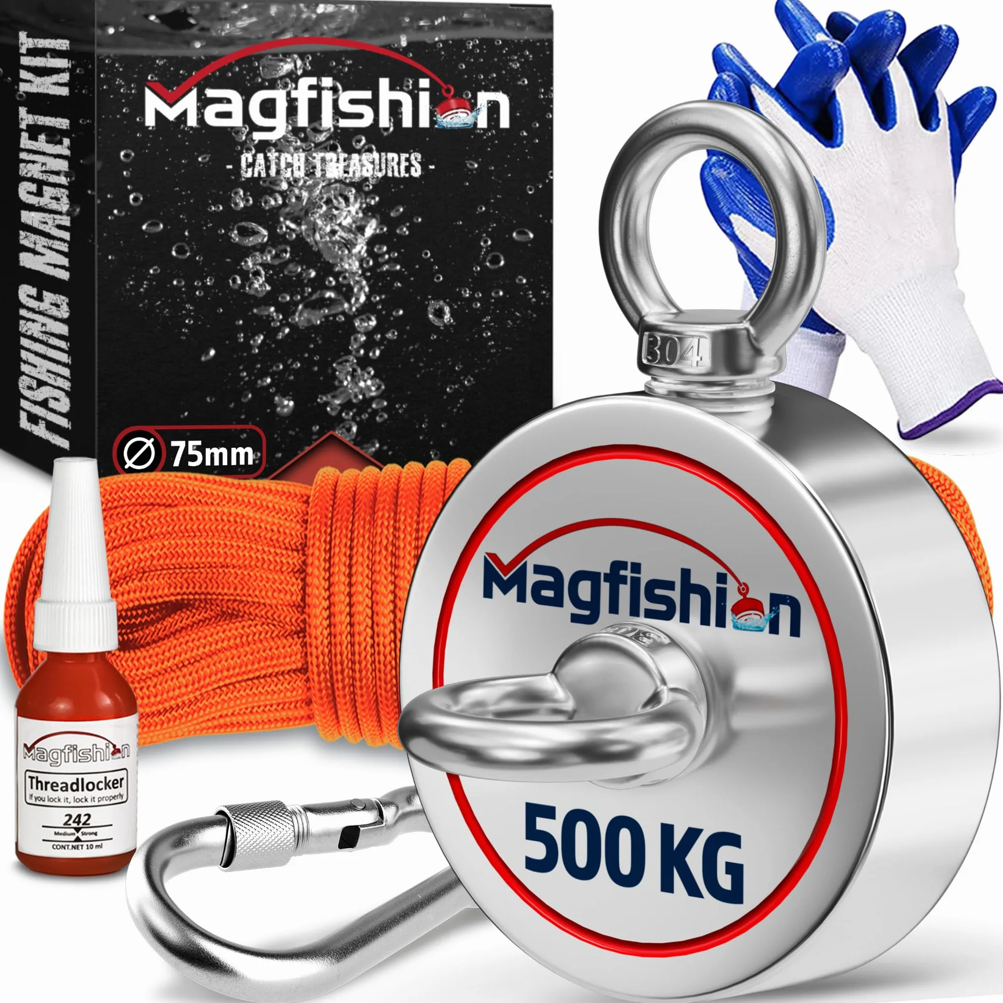 MAGFISHION Magnes Neodymowy Dwustronny Zestaw 500KG 2x250kg Ø75mm 20M Rękawice