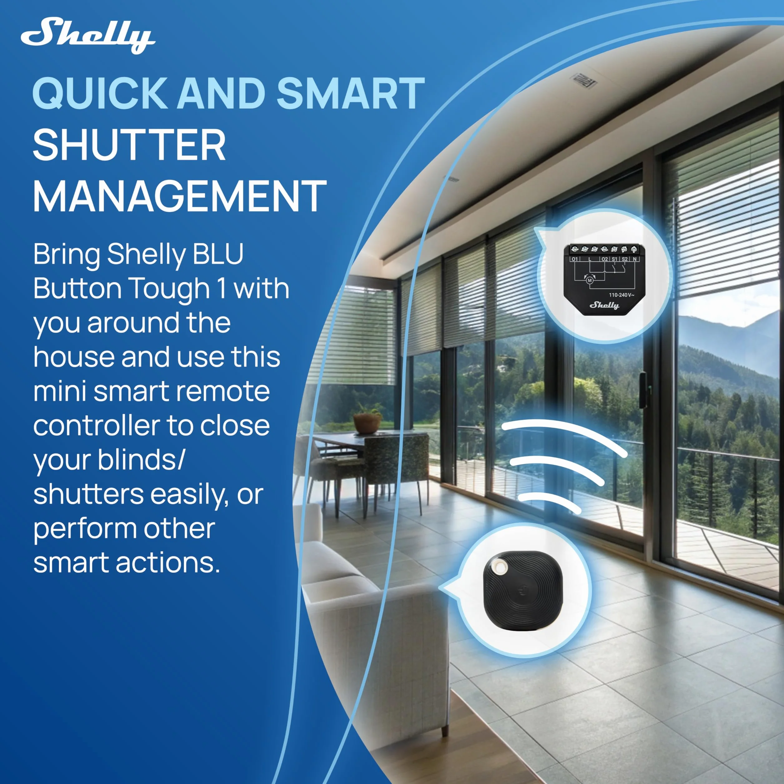 Shelly Shutter i Shelly BLU Button Tough 1 Moduł łącznika do rolet 110–240 V 4A Pomiar zużycia energii Harmonogramy Kompatybilny z Alexa Google Home SmartThings