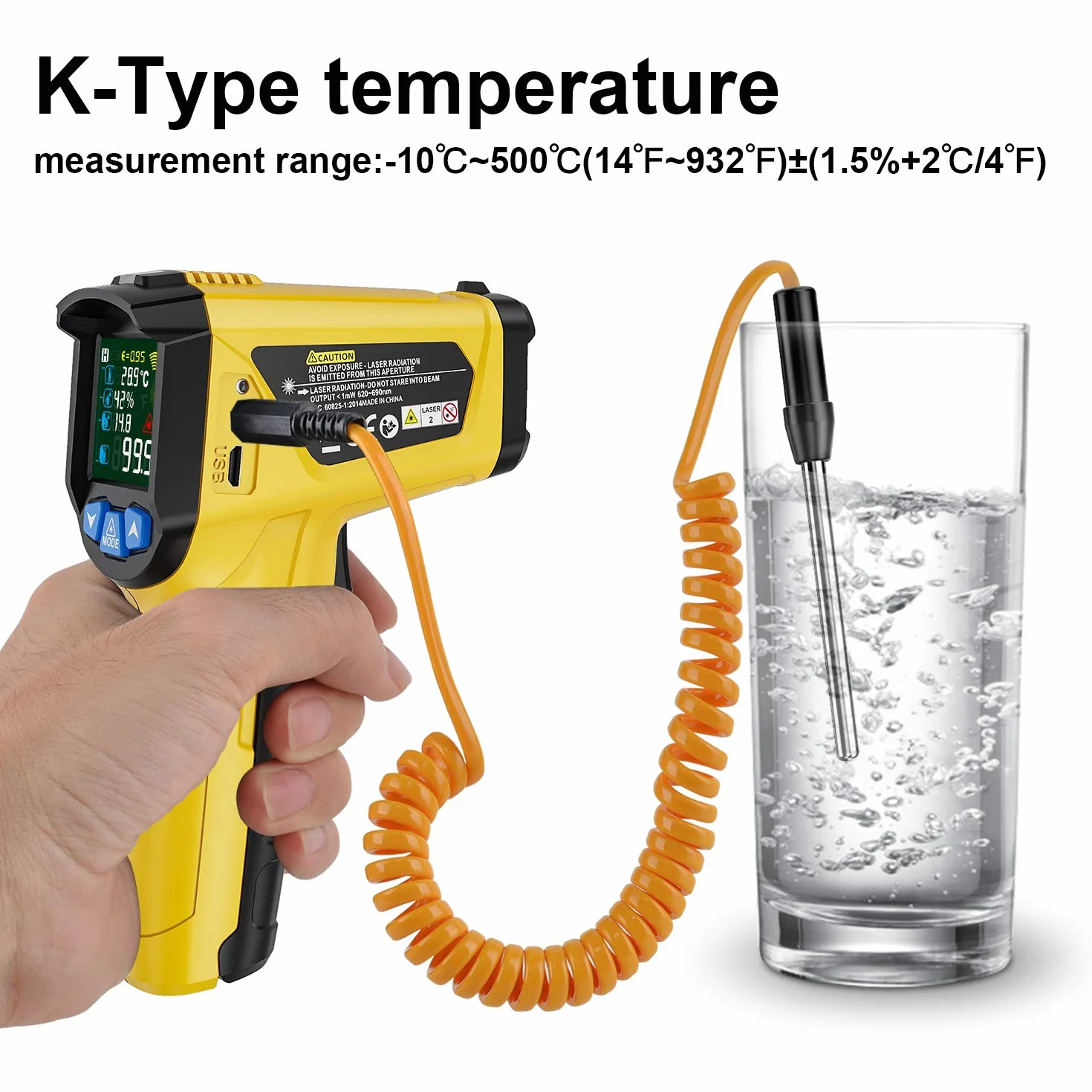 MESTEK Termometr na Podczerwień Pistolet Cyfrowy Laserowy 50℃~800℃ z K-Sondą Bezdotykowy LCD