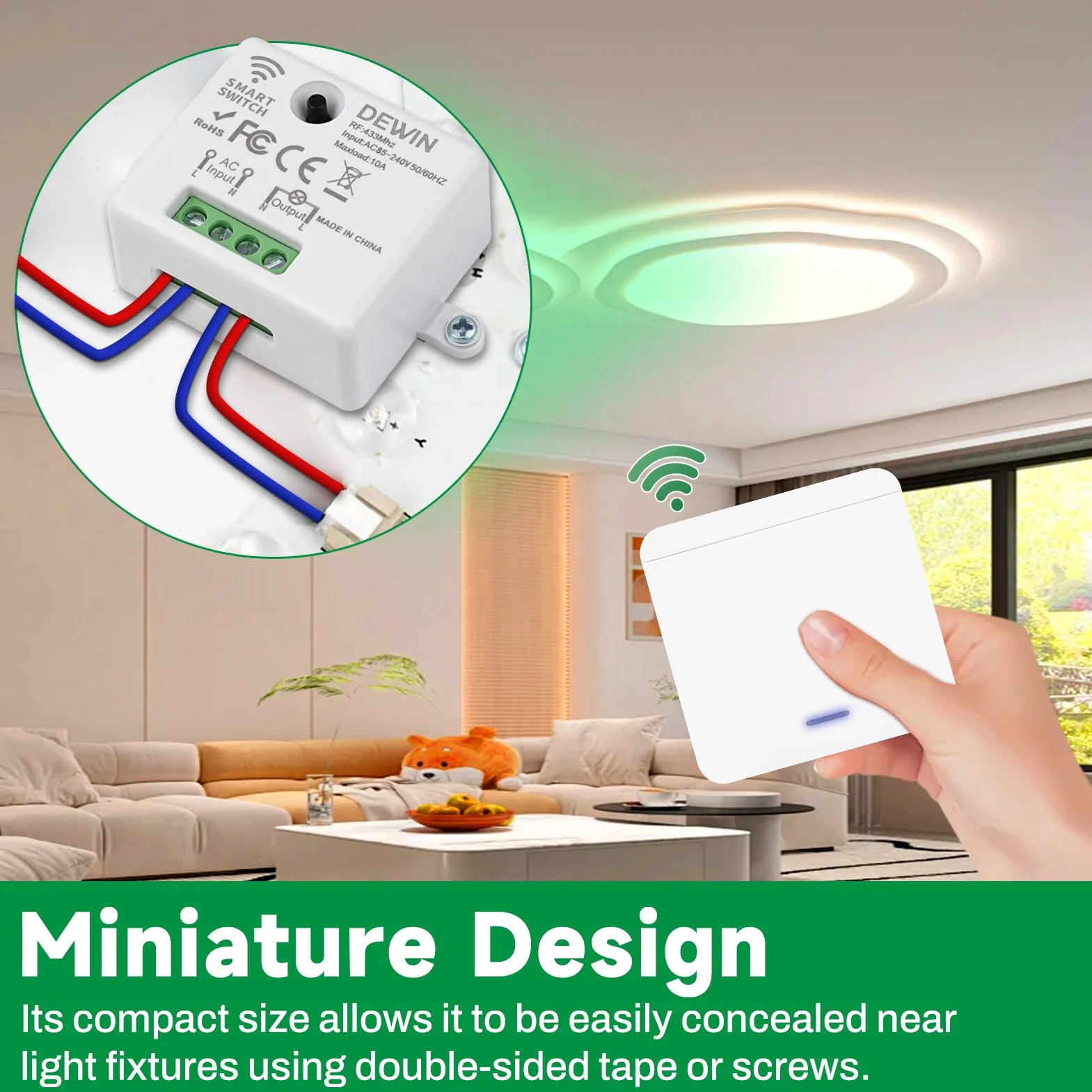 DEWIN Przełącznik radiowy, Smart Switch, zestaw z pilotem zdalnego sterowania 433 MHz, bezprzewodowy kontroler AC 85-240 V, 10 A, mini moduł przekaźnika