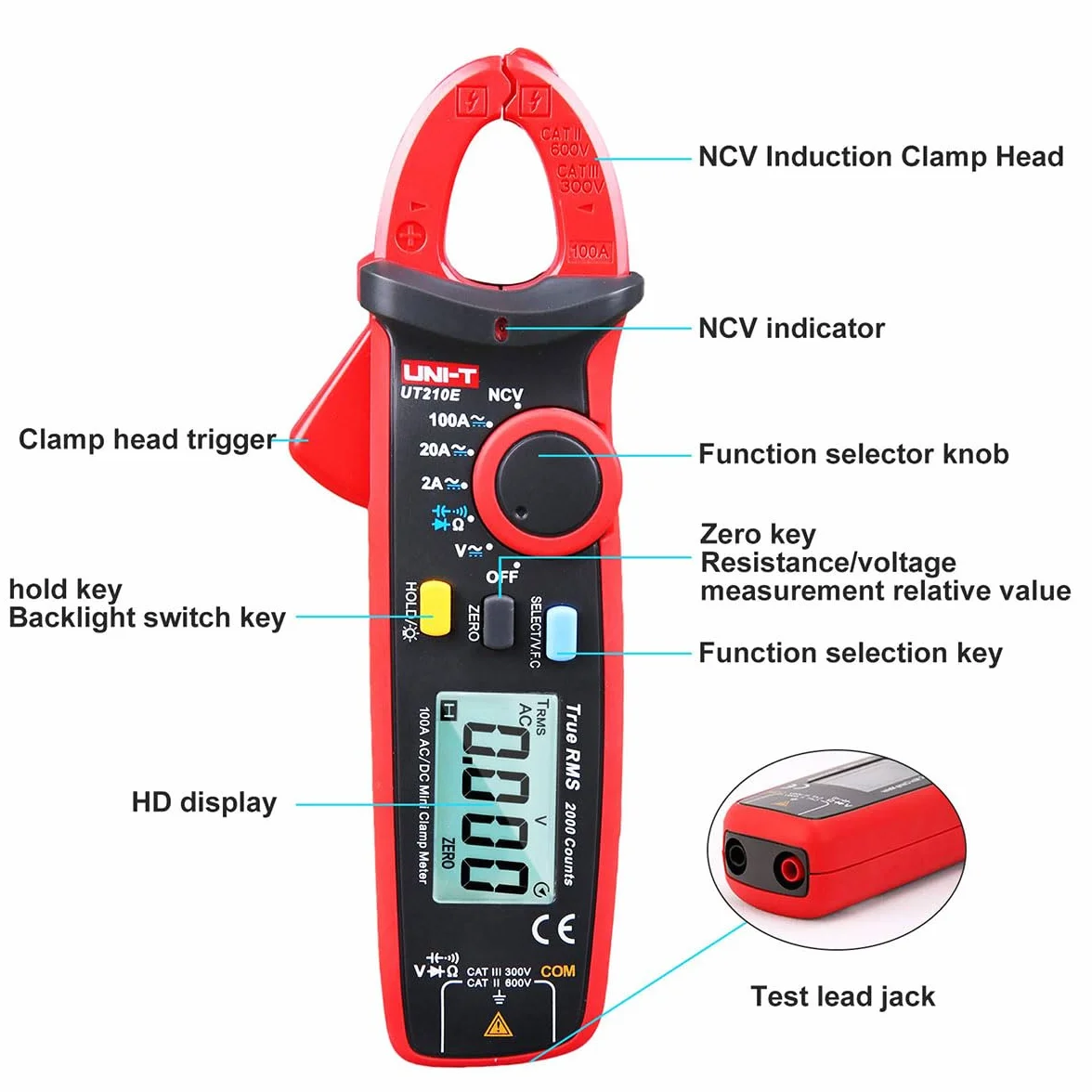 UNI-T UT210D seria UT210 Mini zacisk miernika, 200A AC/DC, 600 V AC/DC, 60 kHz, -40°C-1000° C/-40°F-1832°F