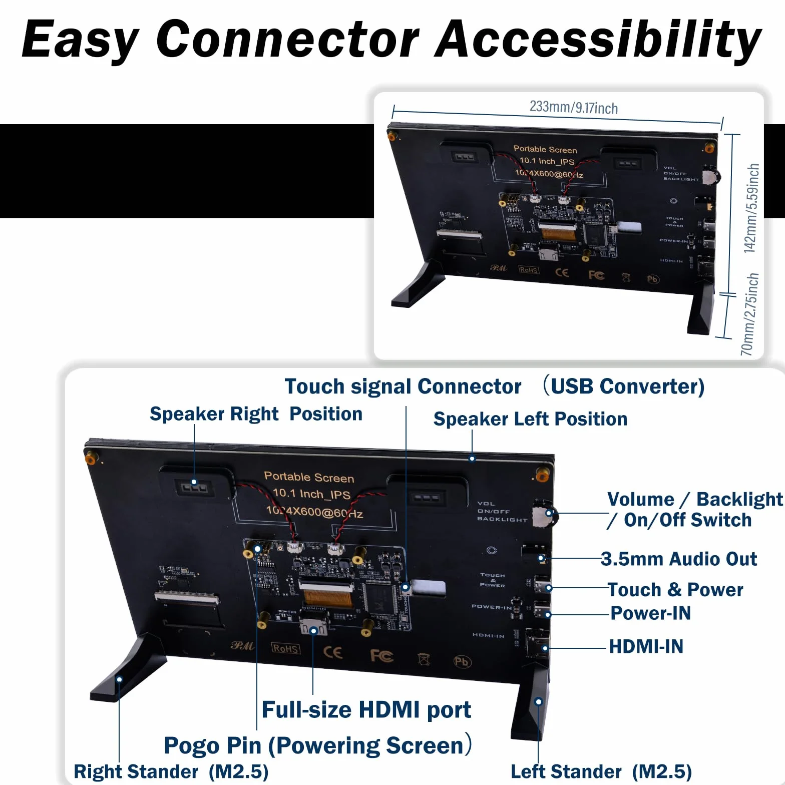GeeekPi 10,1 calowy pojemnościowy ekran dotykowy, monitor HDMI IPS 1024x600 Wyświetlacz LCD z podwójnymi głośnikami dla Raspberry Pi 5/4B/3B+/3B, z otworem montażowym do instalacji płyty Raspberry Pi