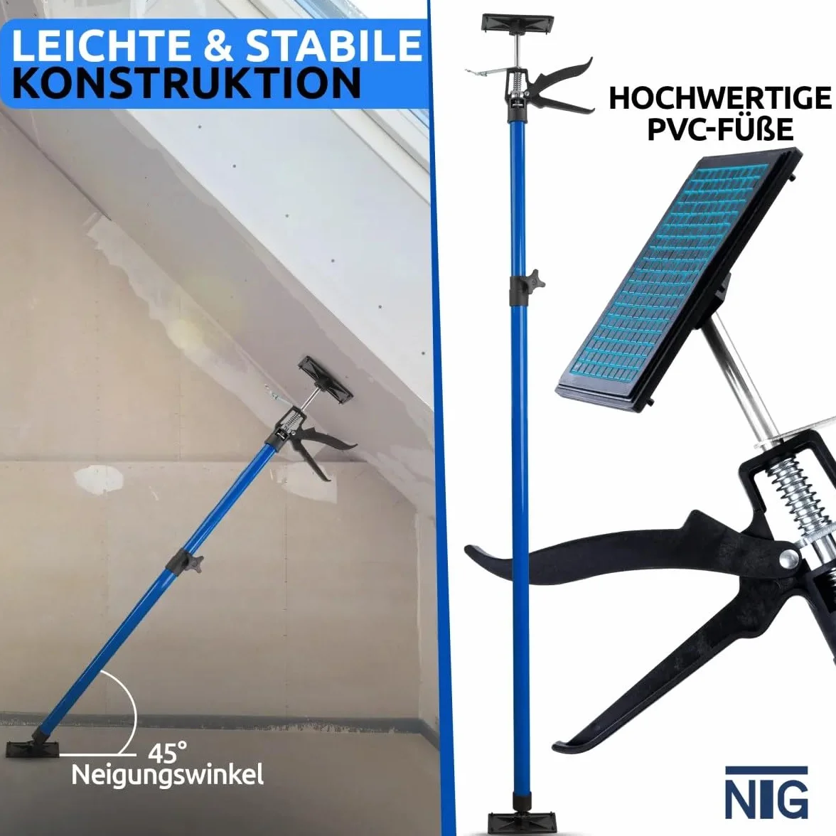 NTG podpora sufitowa jednoręczna | 115-290 cm | Do 30 kg | Kąt 45° | Do zastosowań w suchej budowie, modernizacji itp. | Podpora montażowa | Podpora sufitowa | Podpora teleskopowa | Podpora sufitowa
