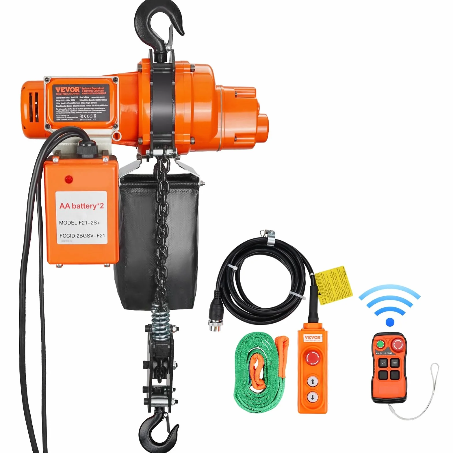 VEVOR Elektryczny wciągnik łańcuchowy, nośność 998 kg, wysokość podnoszenia 6 m, jednofazowy żuraw mostowy 230 V z łańcuchem, bezprzewodowym pilotem zdalnego sterowania i przewodowym do garażu,