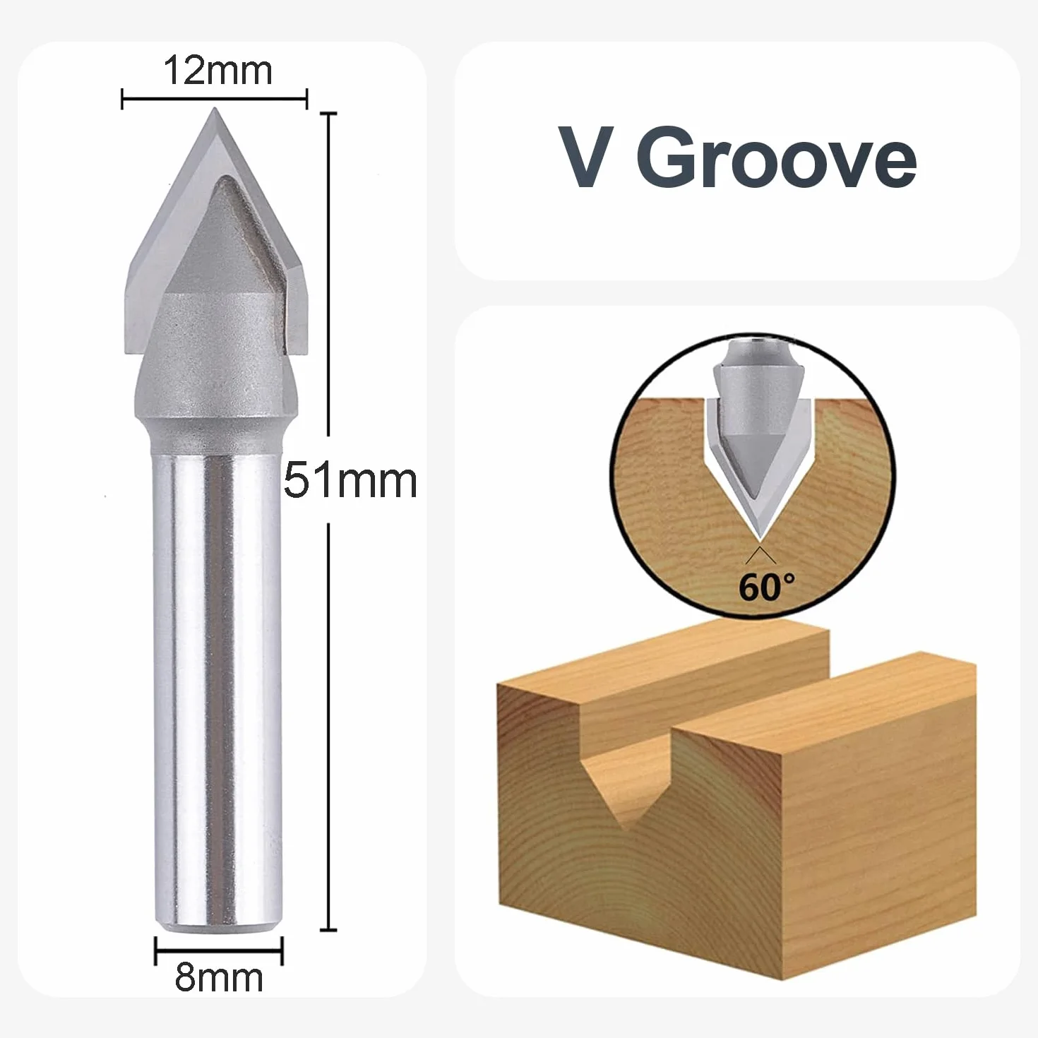 SpeTool Frez do fazowania 8 mm, trzonek 60 stopni, frez do grawerowania, 2 flety VHM 12 mm, średnica cięcia CNC, grawerowanie, frez do drewna, do frezarki górnowrzecionowej, do frezów trzpieniowych,